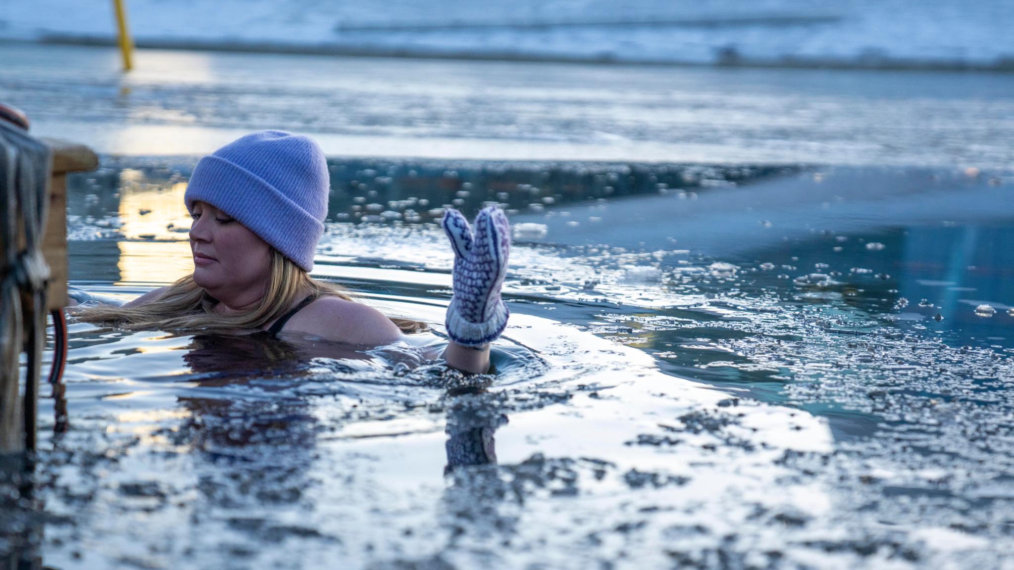 A girl ice bathing in the Oslofjord in Oslo, Eastern Norway