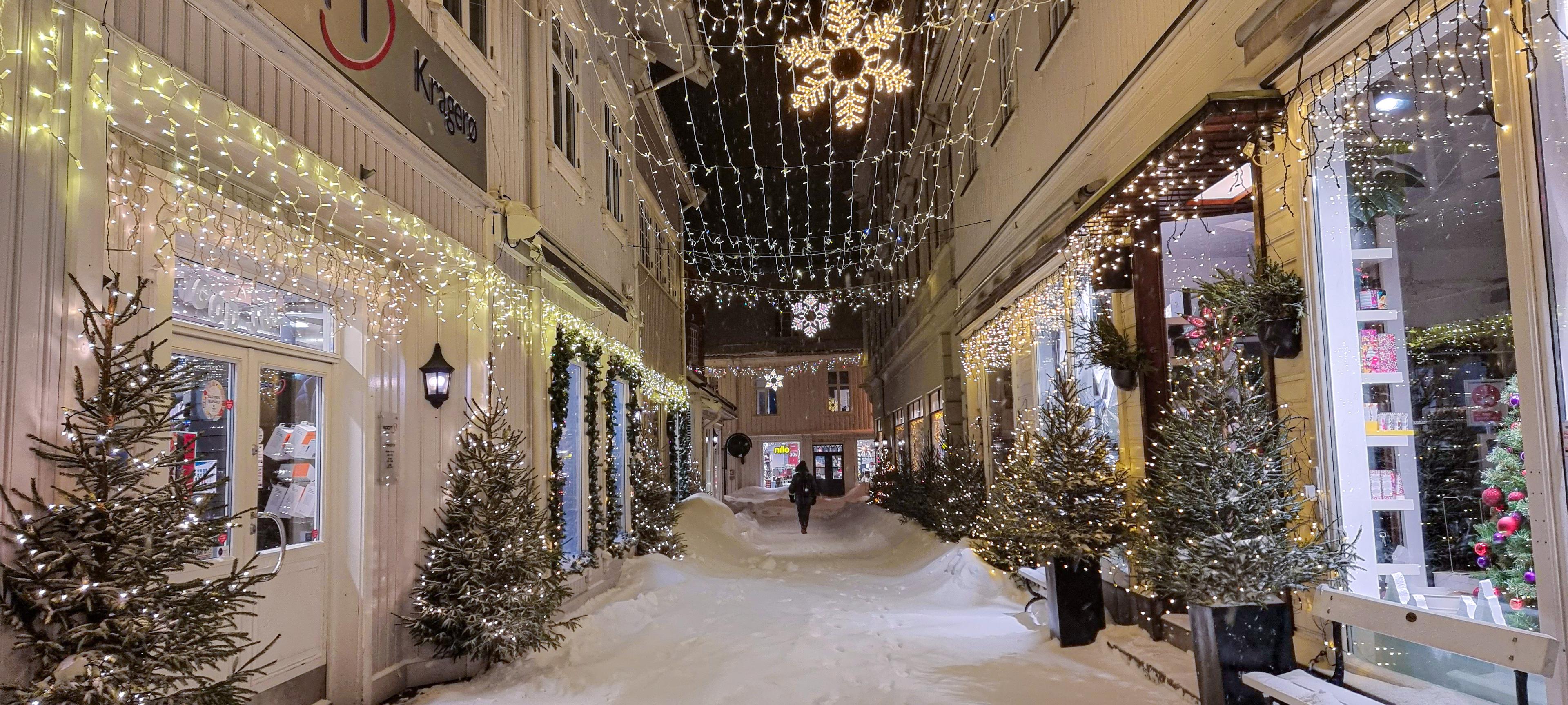 A street decorated for Christmas in Kragerø - Eastern Norway