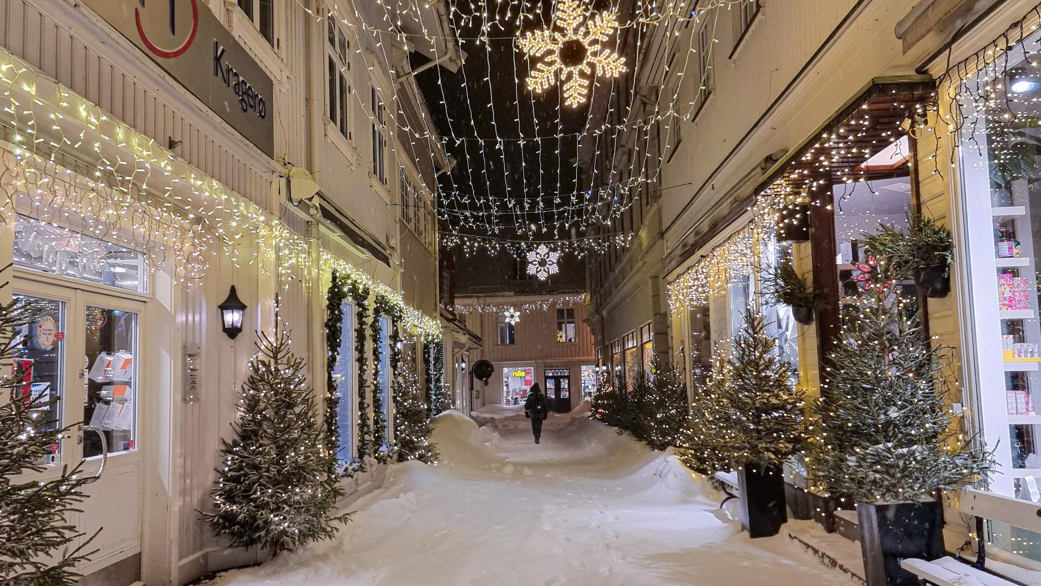 A street decorated for Christmas in Kragerø - Eastern Norway