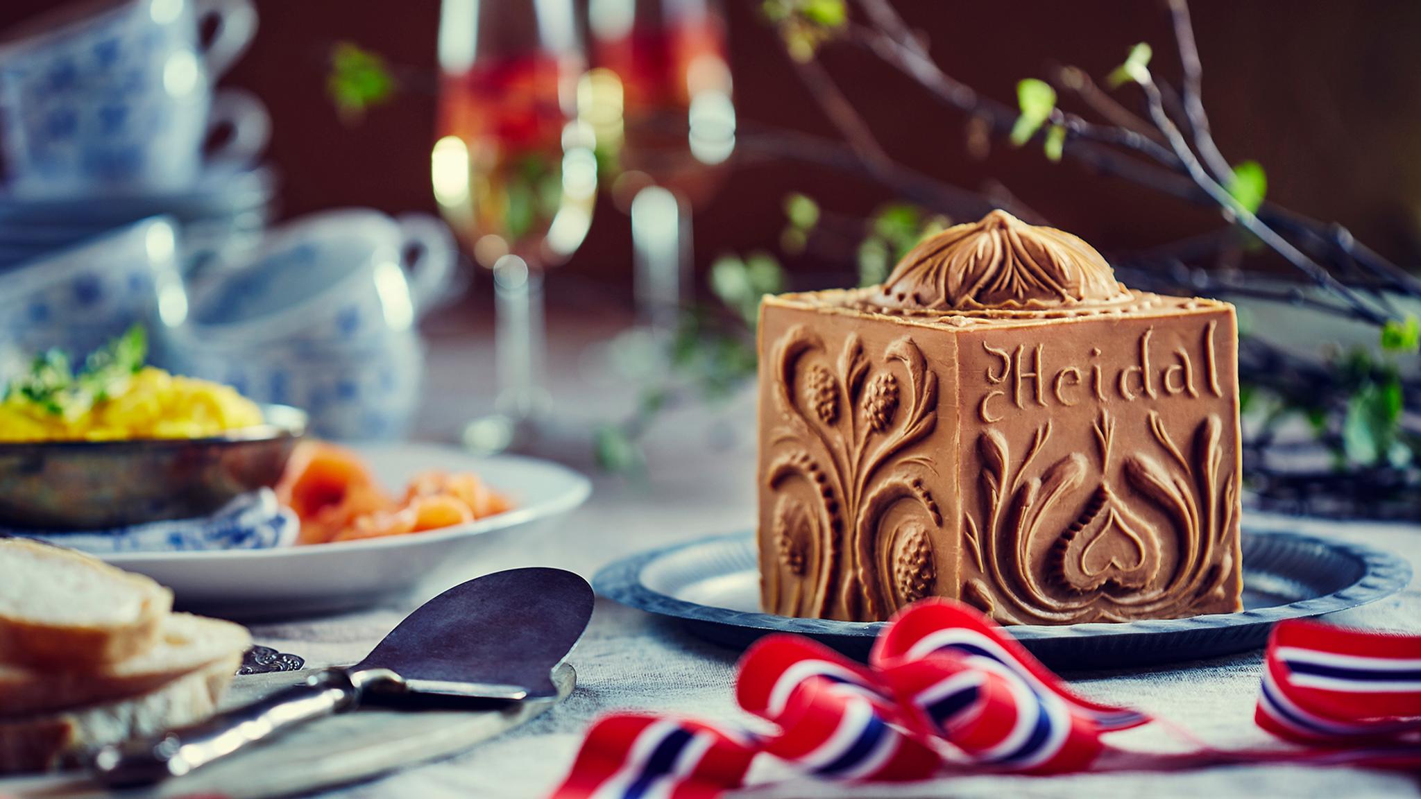 Brown cheese from the Norwegian creamery Heidal Ysteri in the Gudbrandsdalen valley, Eastern Norway