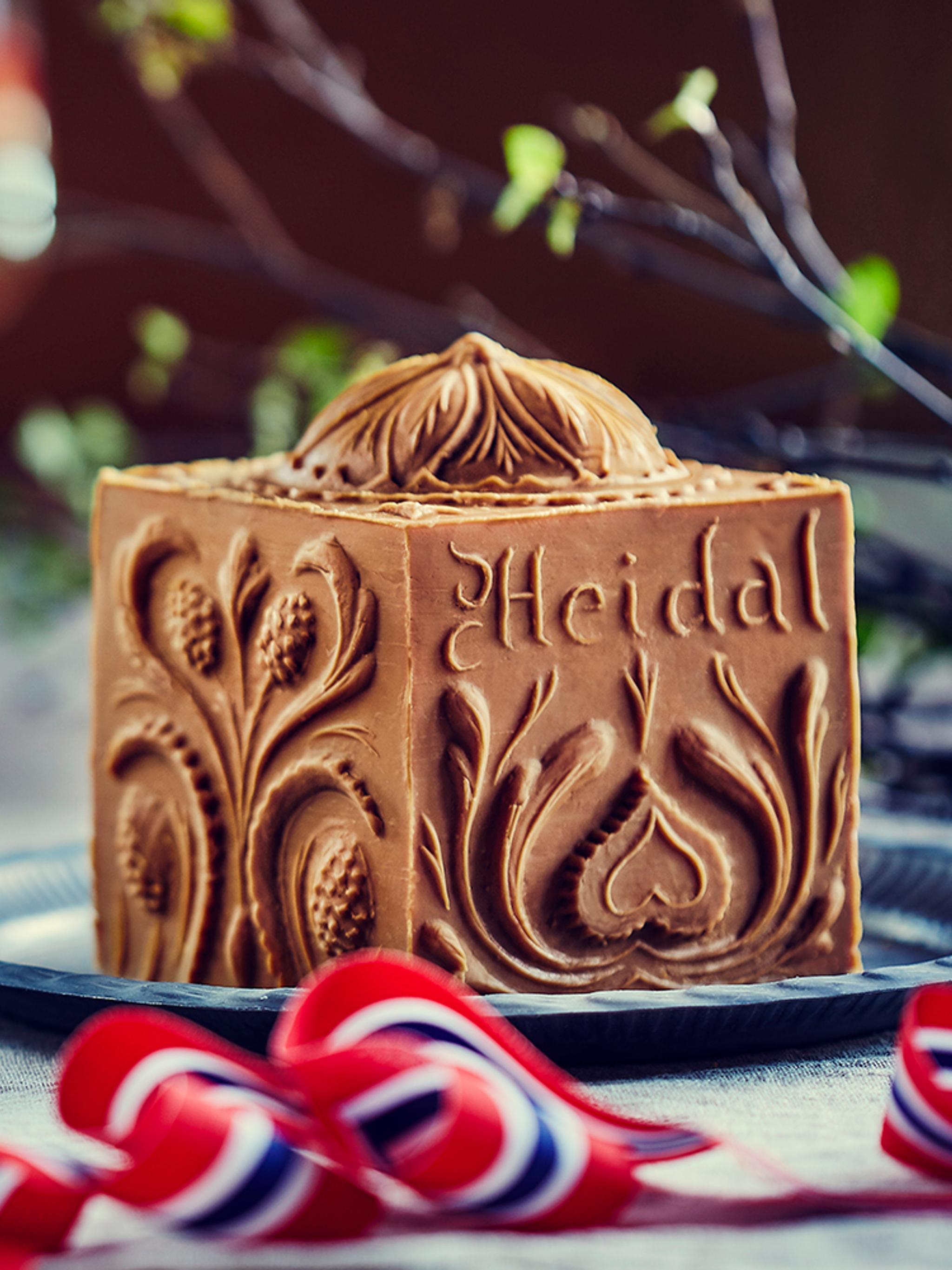 Brown cheese from the Norwegian creamery Heidal Ysteri in the Gudbrandsdalen valley, Eastern Norway
