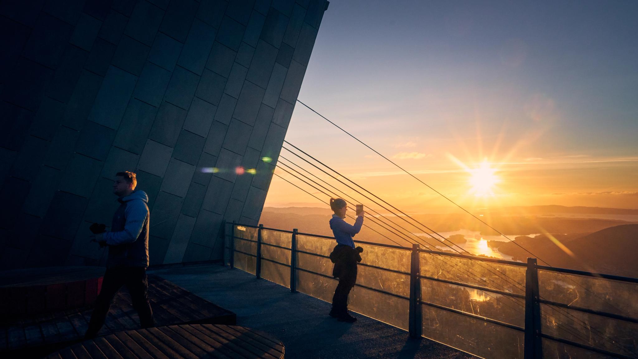 Hiking on Mount Ulriken, 643 meters above sea level, during sunset