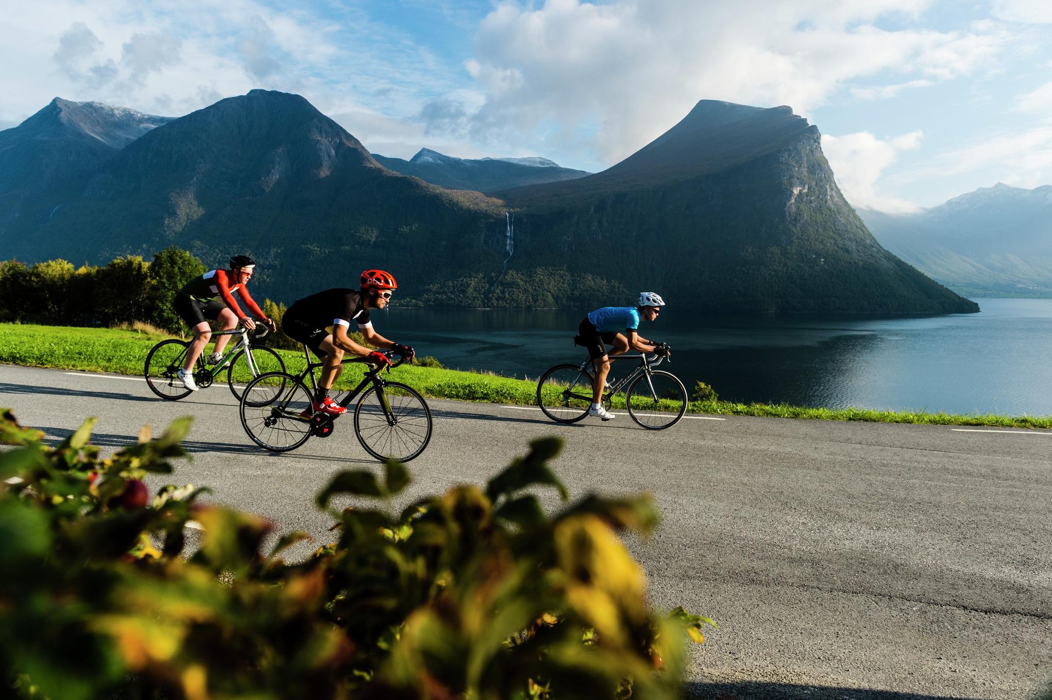 Trois cyclistes sur les rives de l’Isfjorden, en Norvège des Fjords