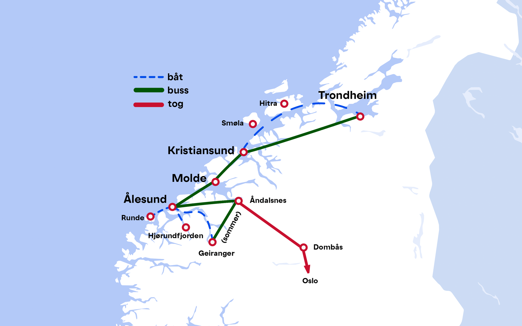 Rutekart: Ålesund - Nordvest - Trondheim