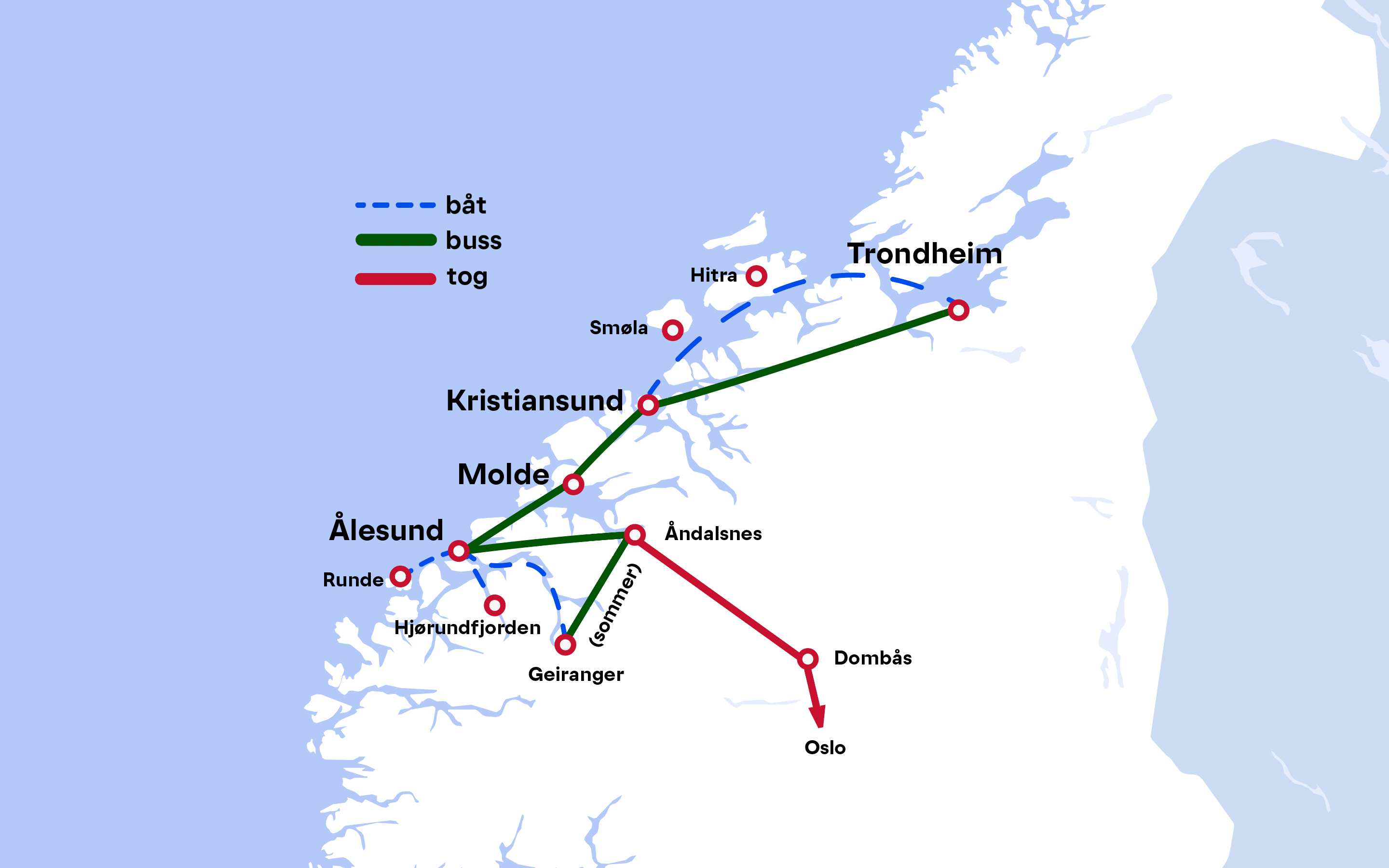 Rutekart: Ålesund - Nordvest - Trondheim