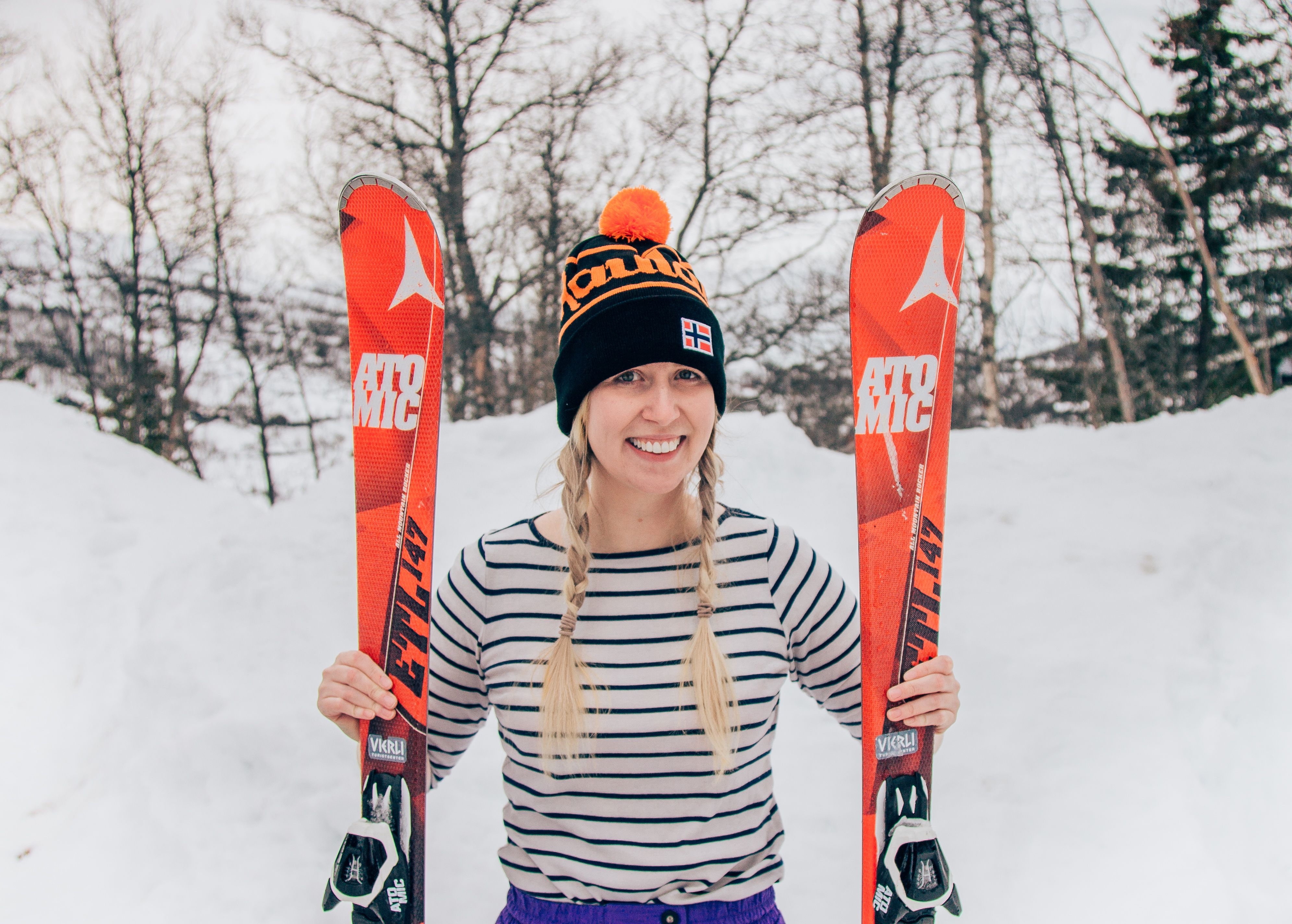 American Silvia Lawrence posing with skiis