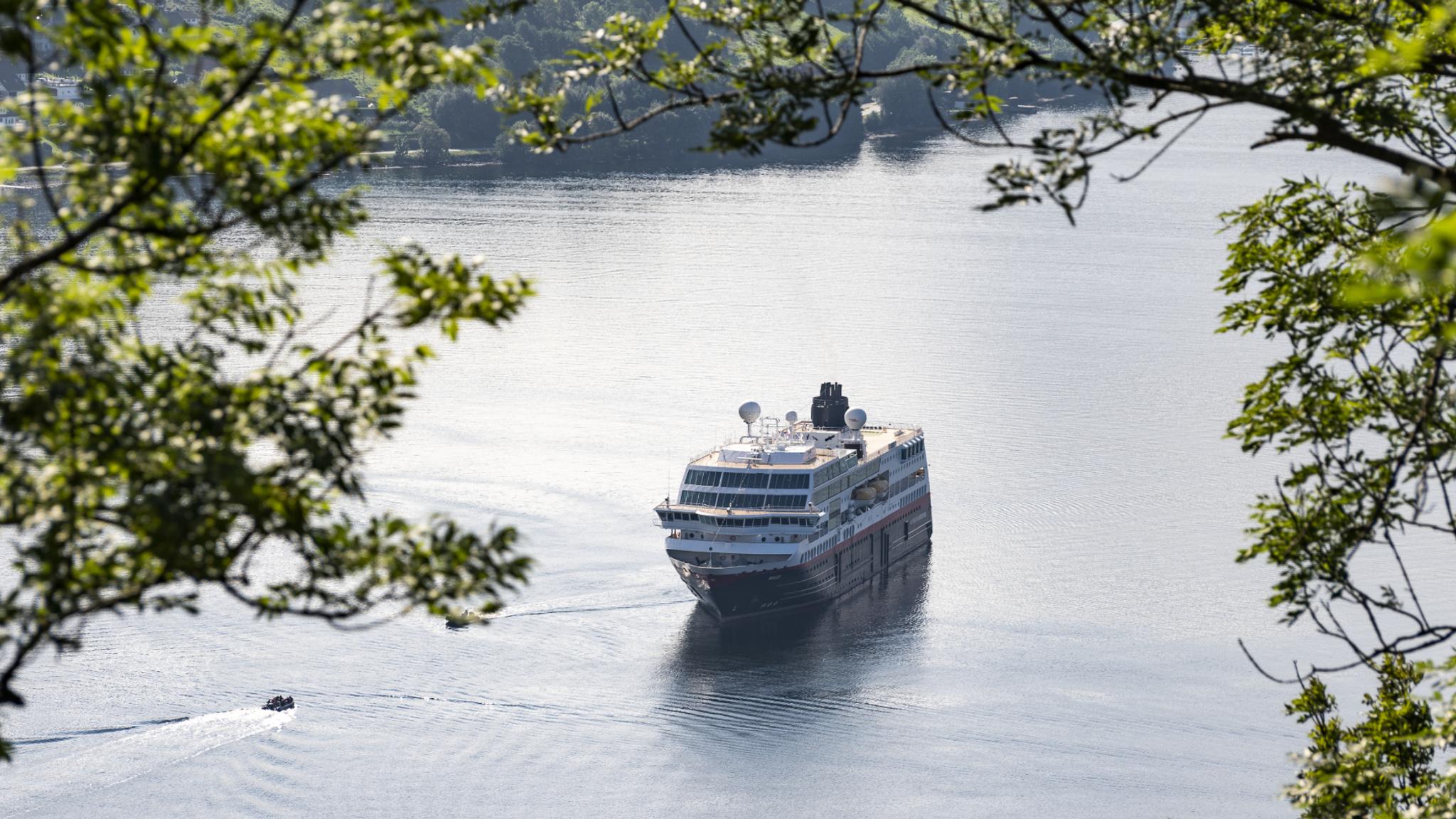 Hurtigruten seen through branches in Geiranger