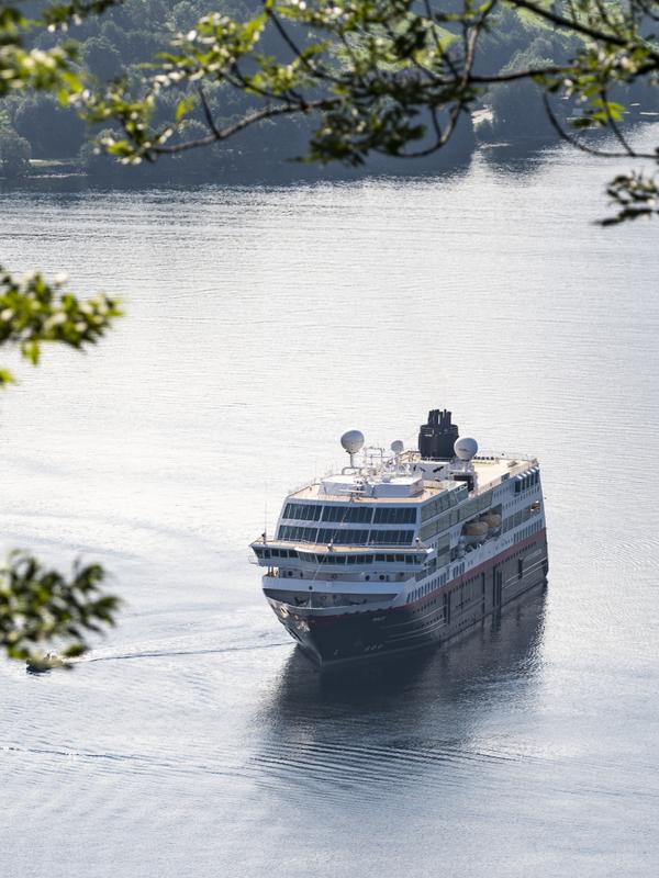 Hurtigruten seen through branches in Geiranger