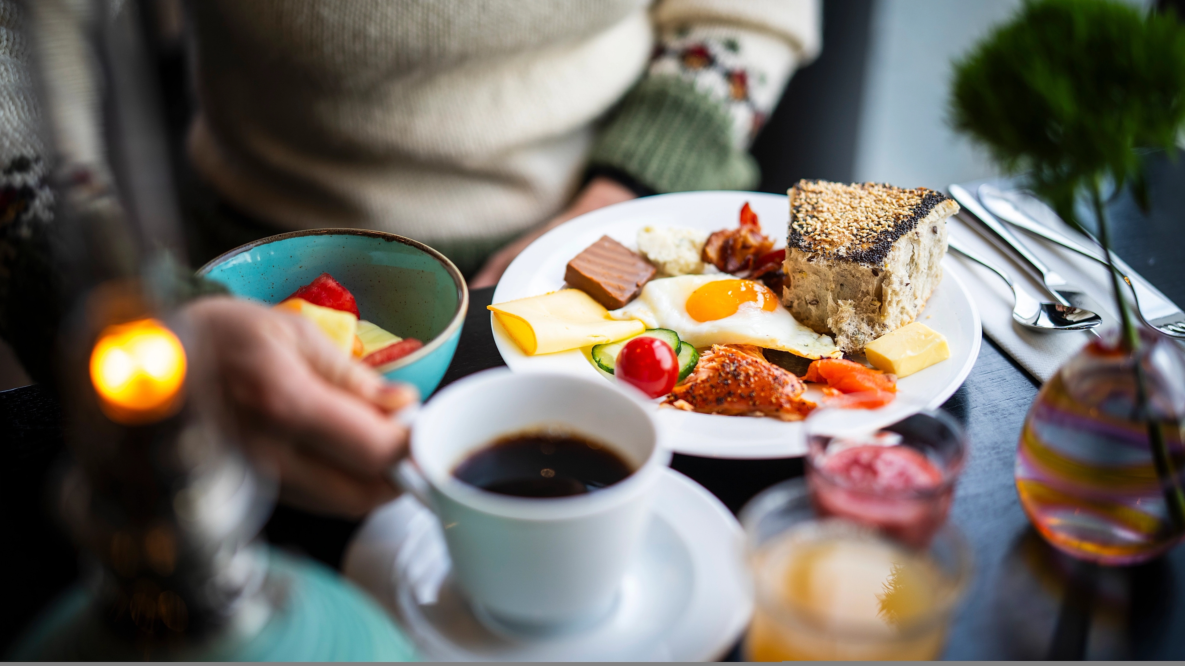 Breakfast plate with eggs at Thon Hotel Lofoten