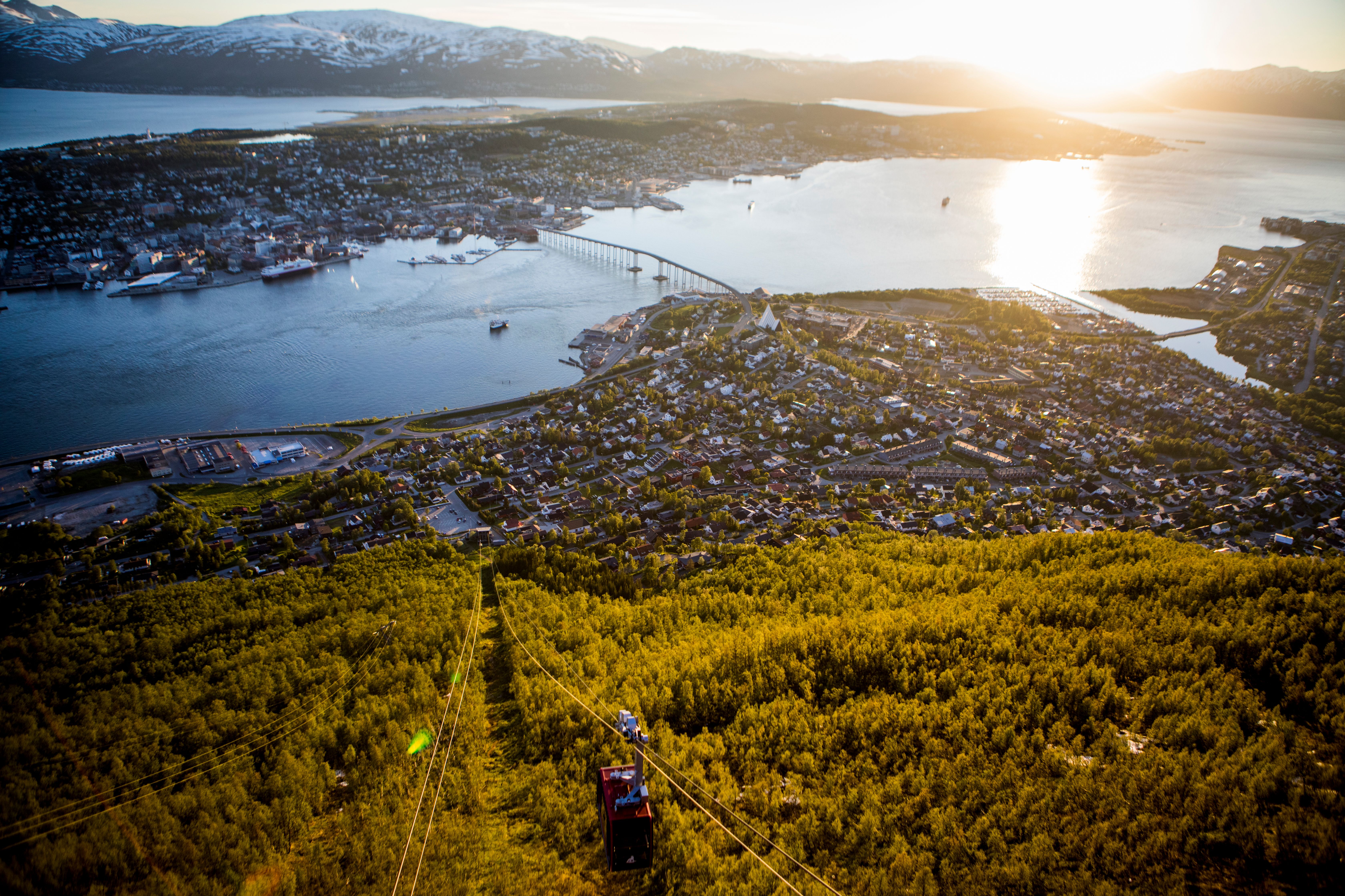 Cable car and view over Tromsø and the fjord