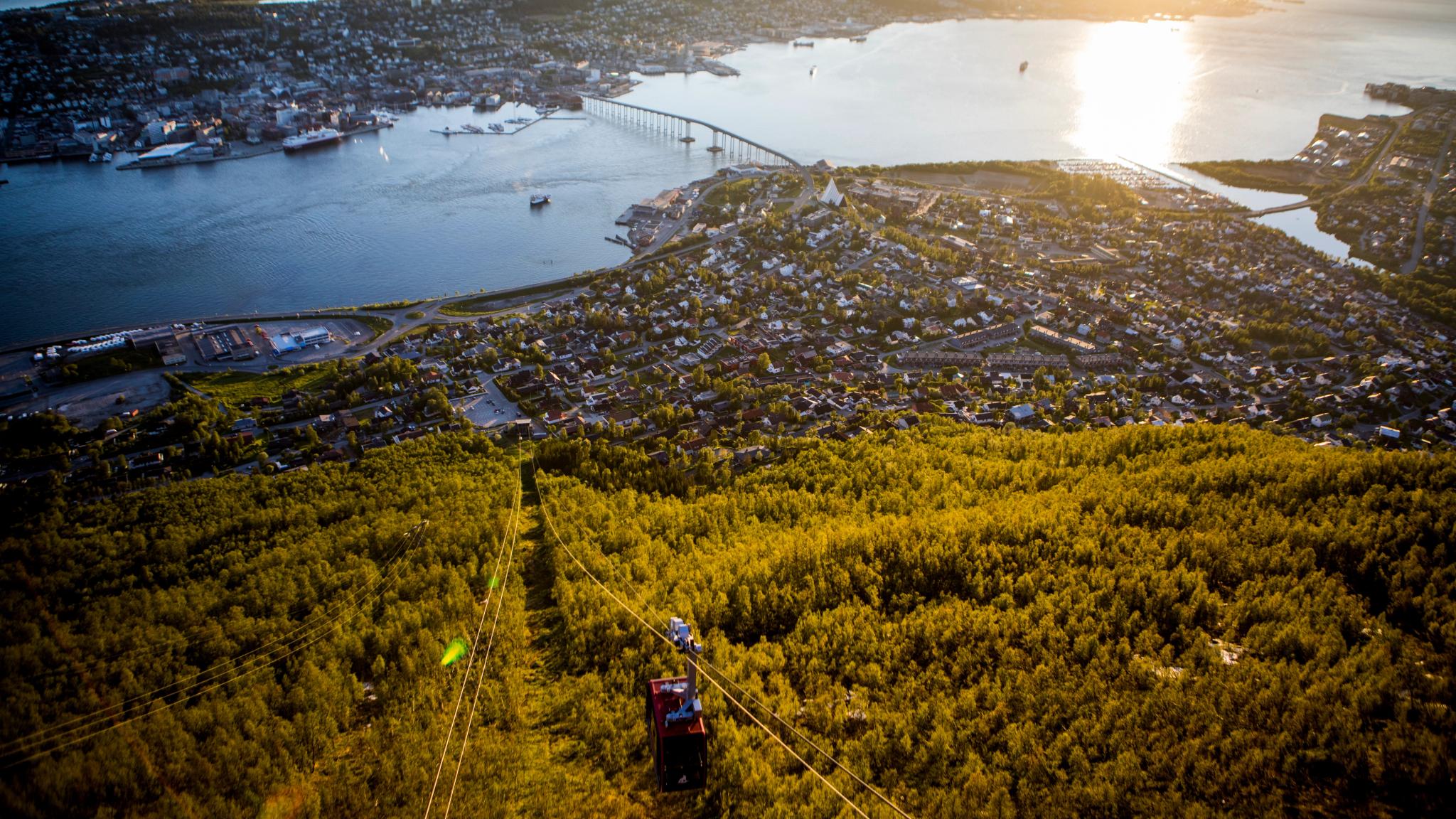 Cable car and view over Tromsø and the fjord