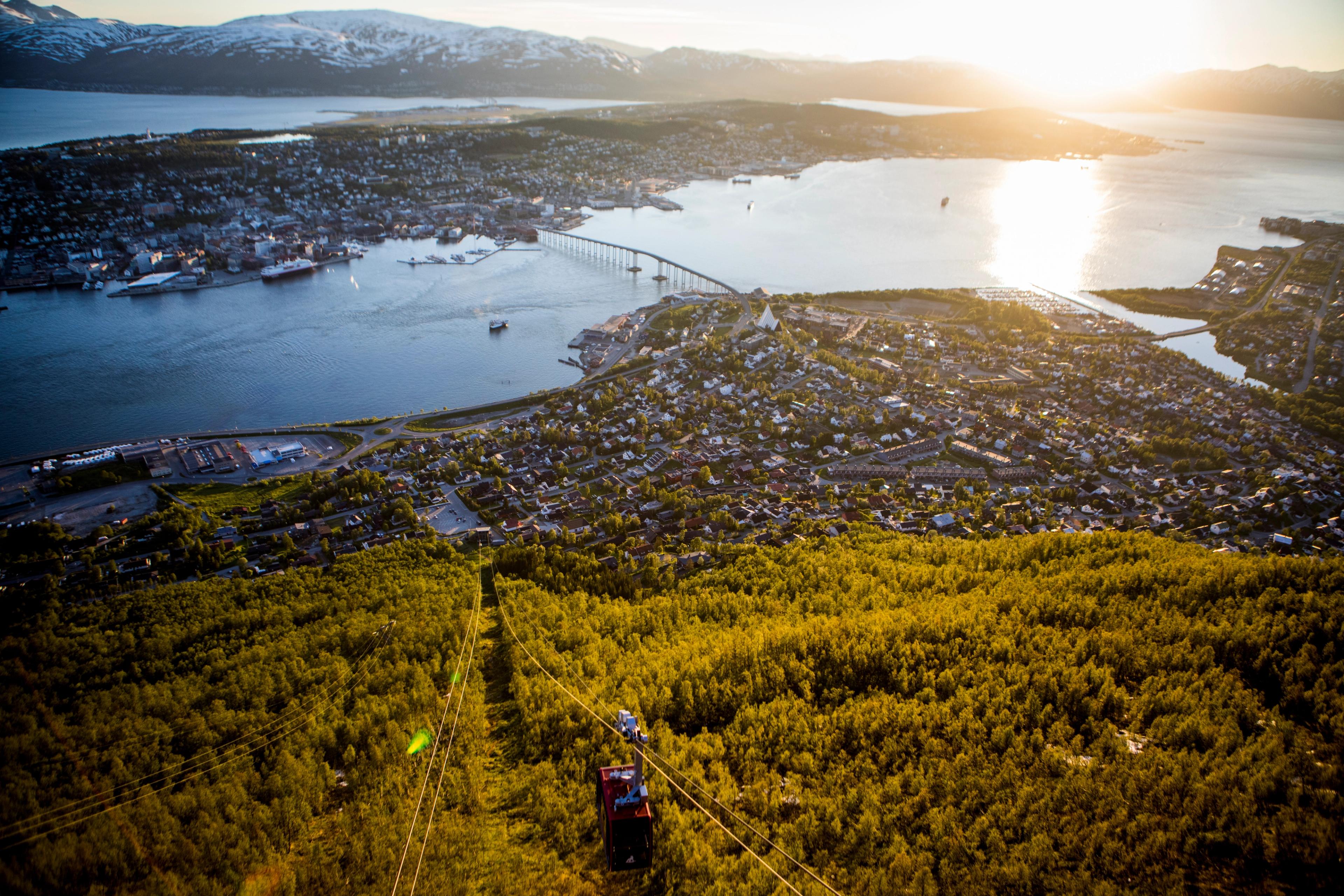 Cable car and view over Tromsø and the fjord