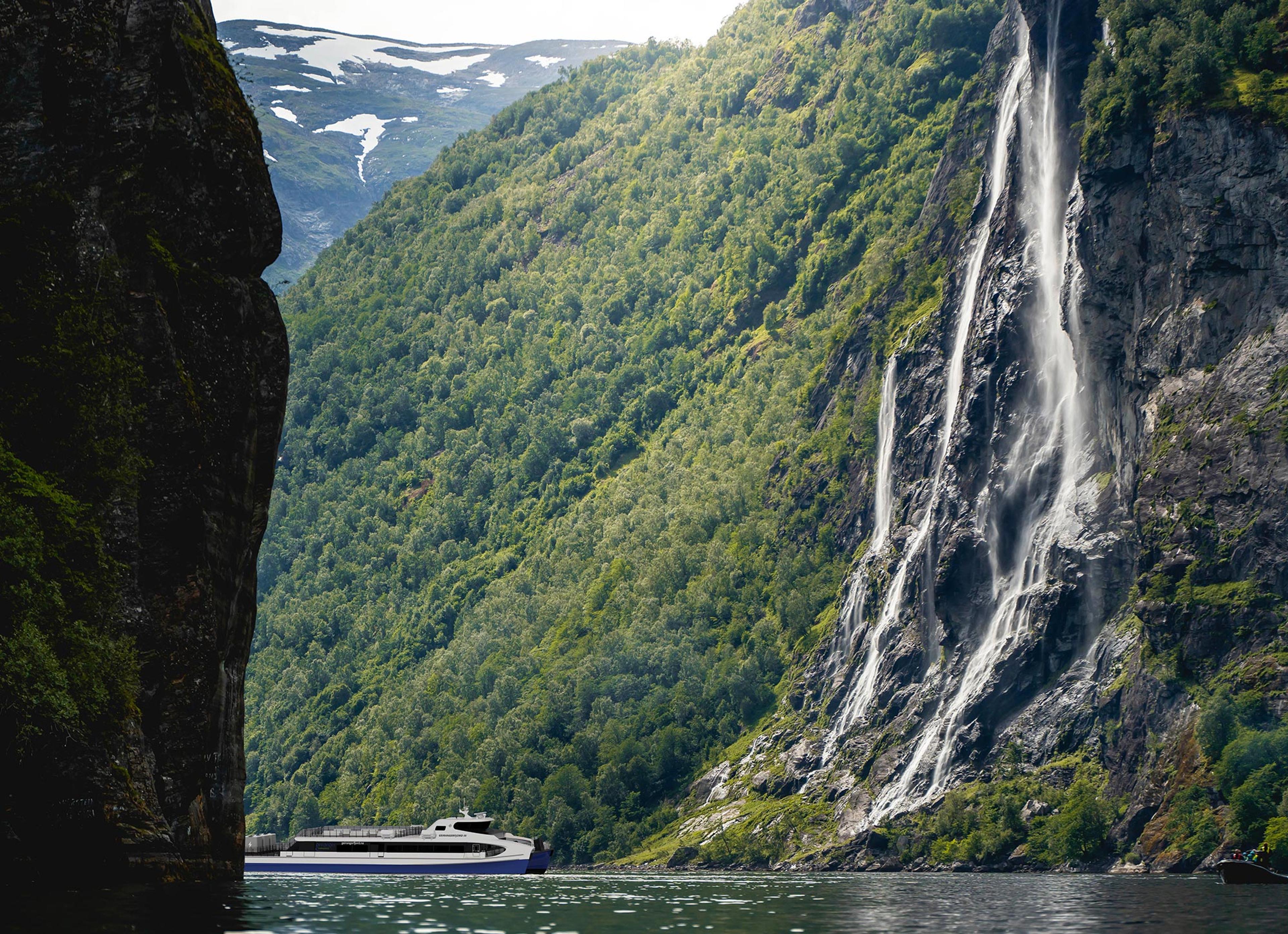 Norwegian-built hybrid catamaran Geirangerfjord 3 in a fjord.