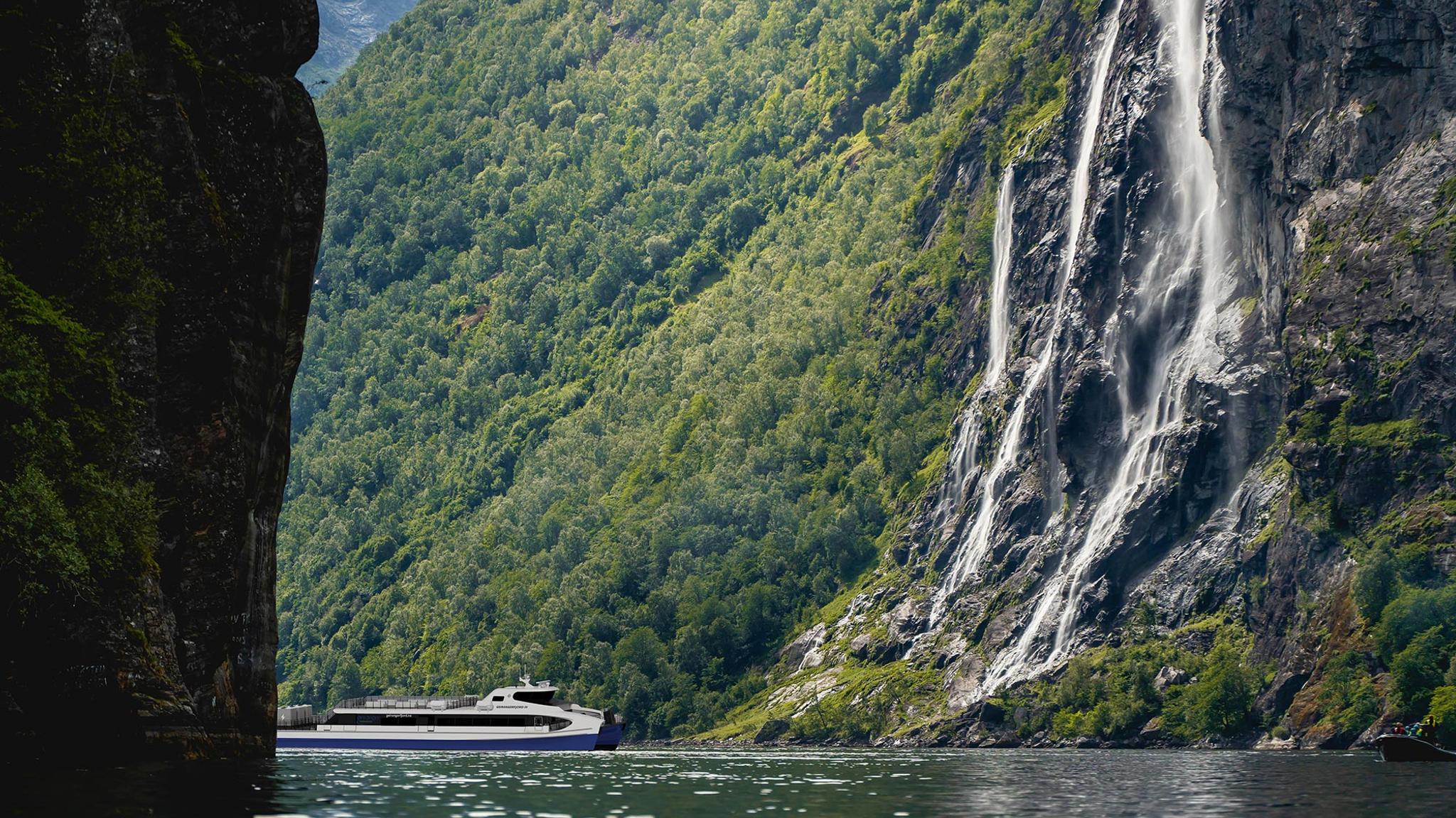 Norwegian-built hybrid catamaran Geirangerfjord 3 in a fjord.