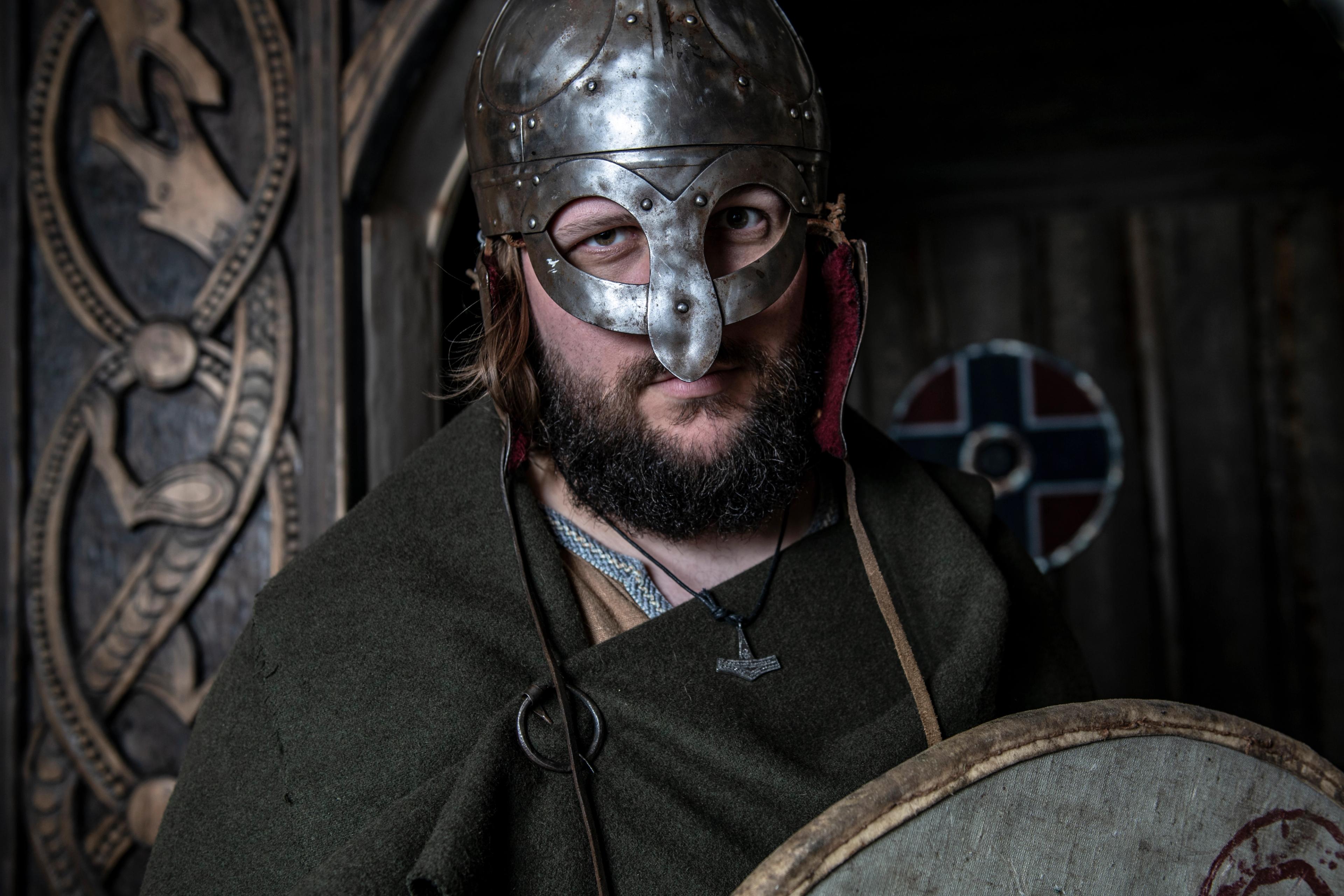 A Norwegian Viking with helmet and shield