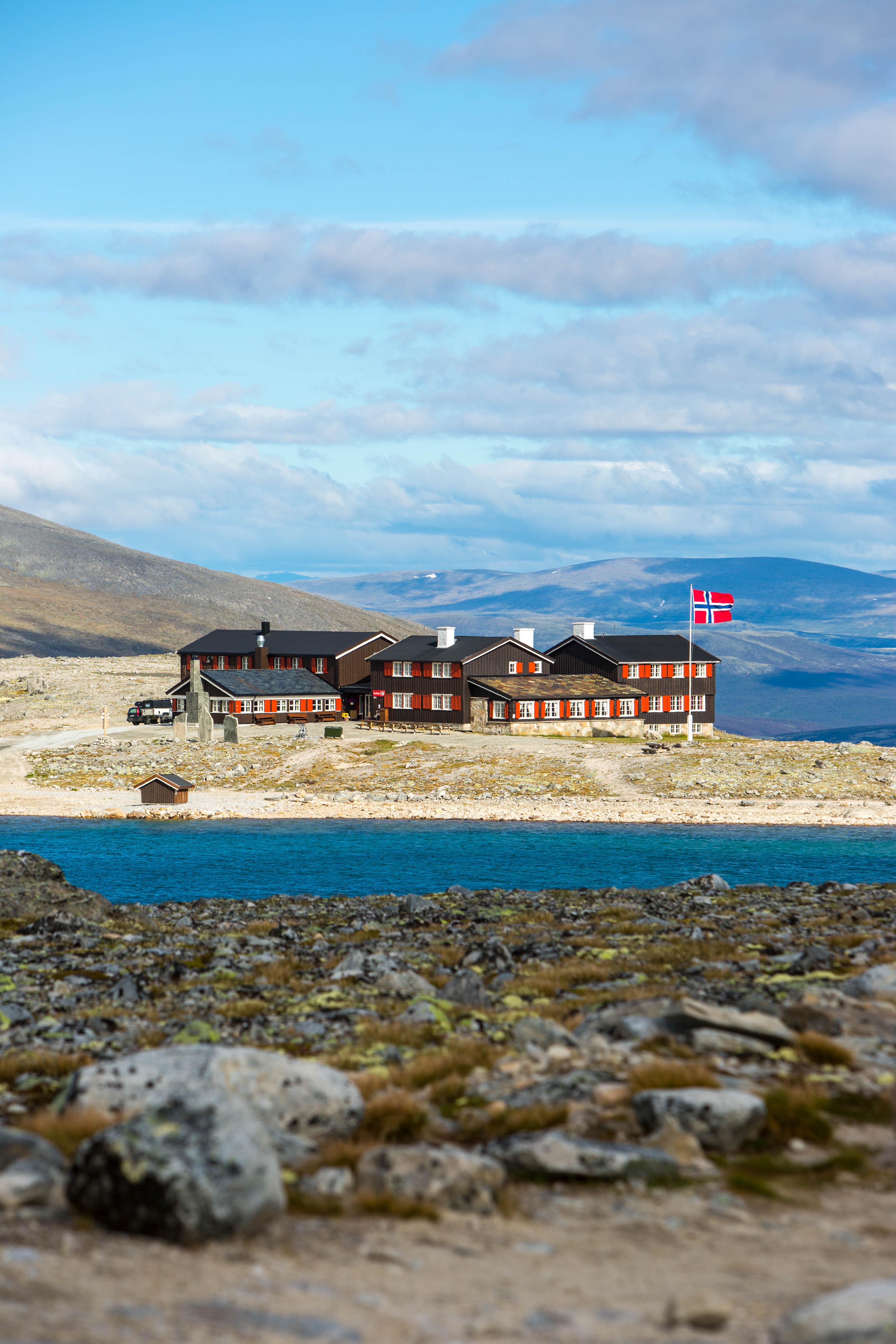 The staffed mountain lodge Snøheim in Hjerkinn, Dovrefjell, on a beautiful sunny day. Eastern Norway.