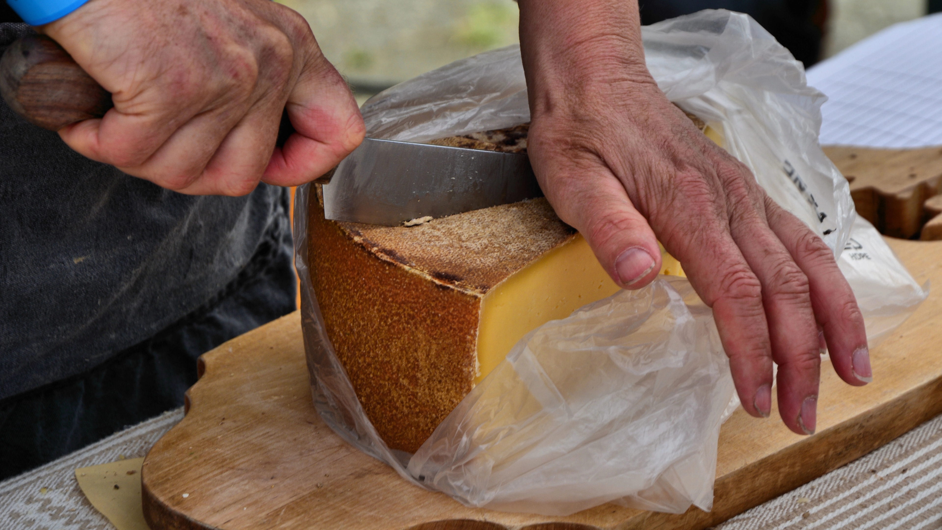 Hands cutting cheese