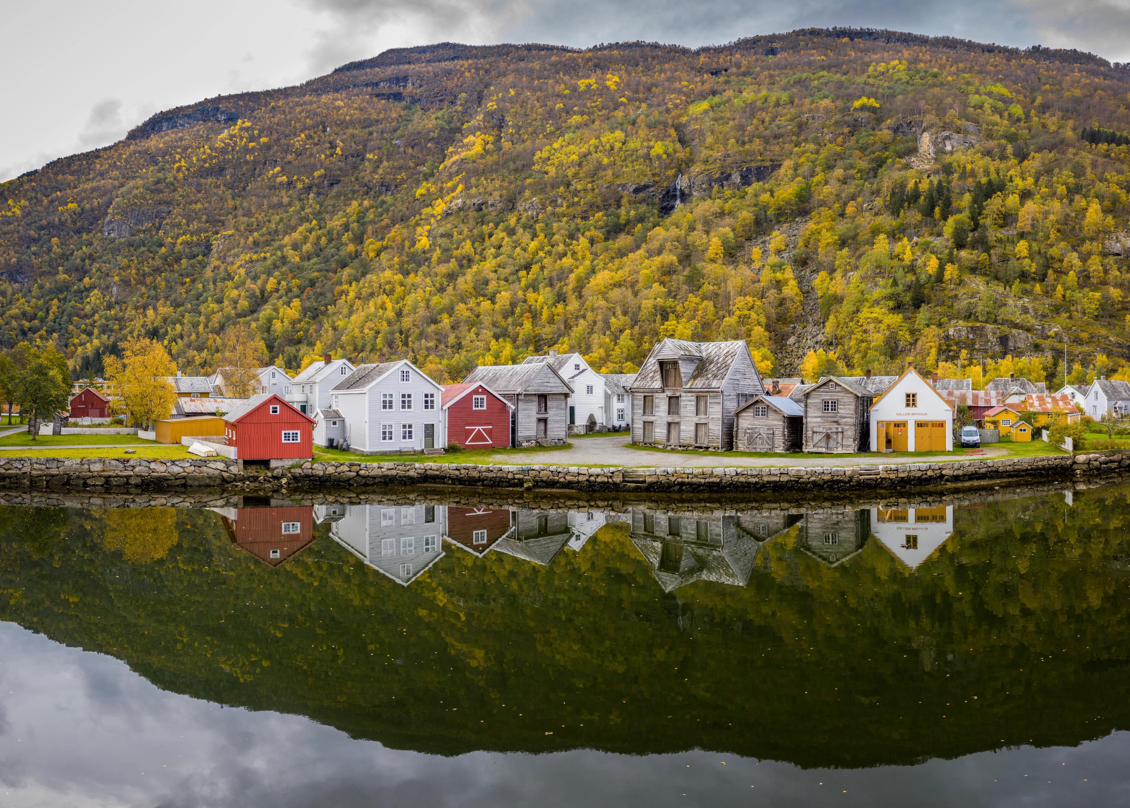 Old small town Lærdalsøyri in Sogn, Fjord Norway