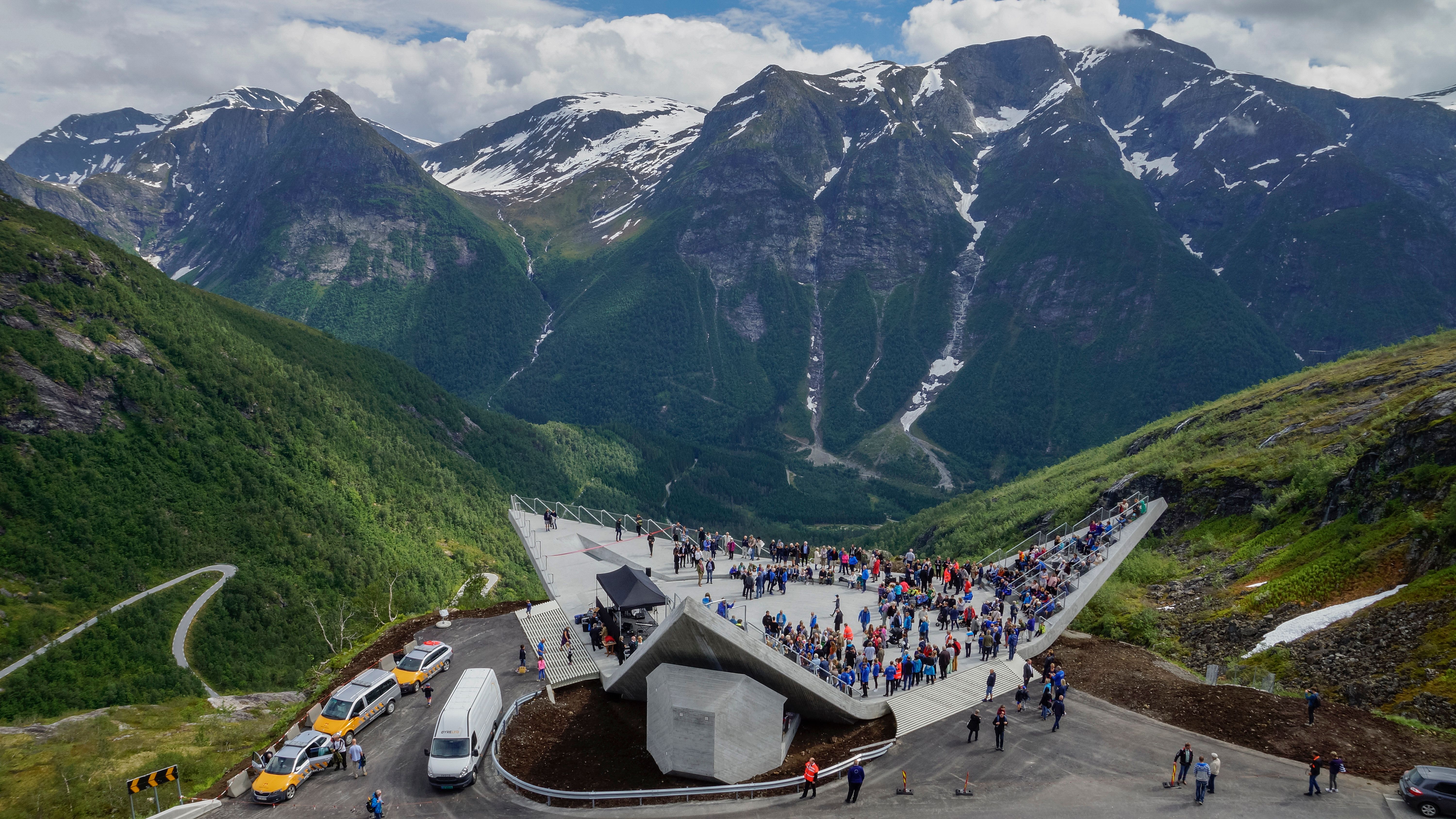 Many people on Utsikten viewpoint on Norwegian Scenic Route Gaularfjellet, Fjord Norway