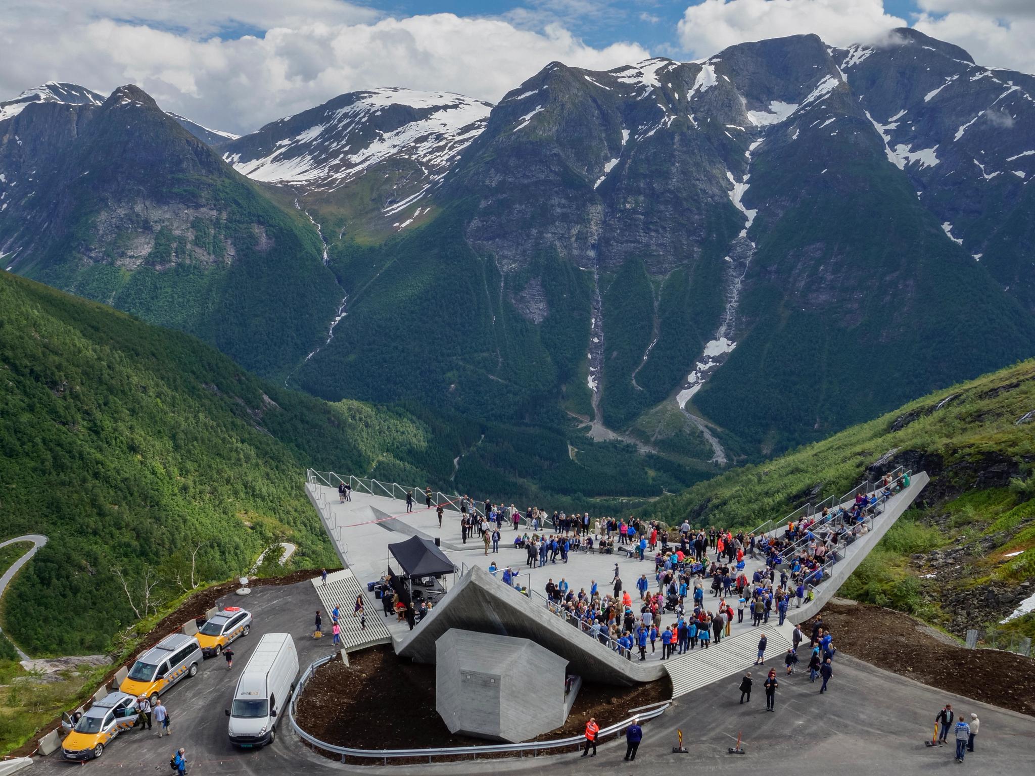 Many people on Utsikten viewpoint on Norwegian Scenic Route Gaularfjellet, Fjord Norway