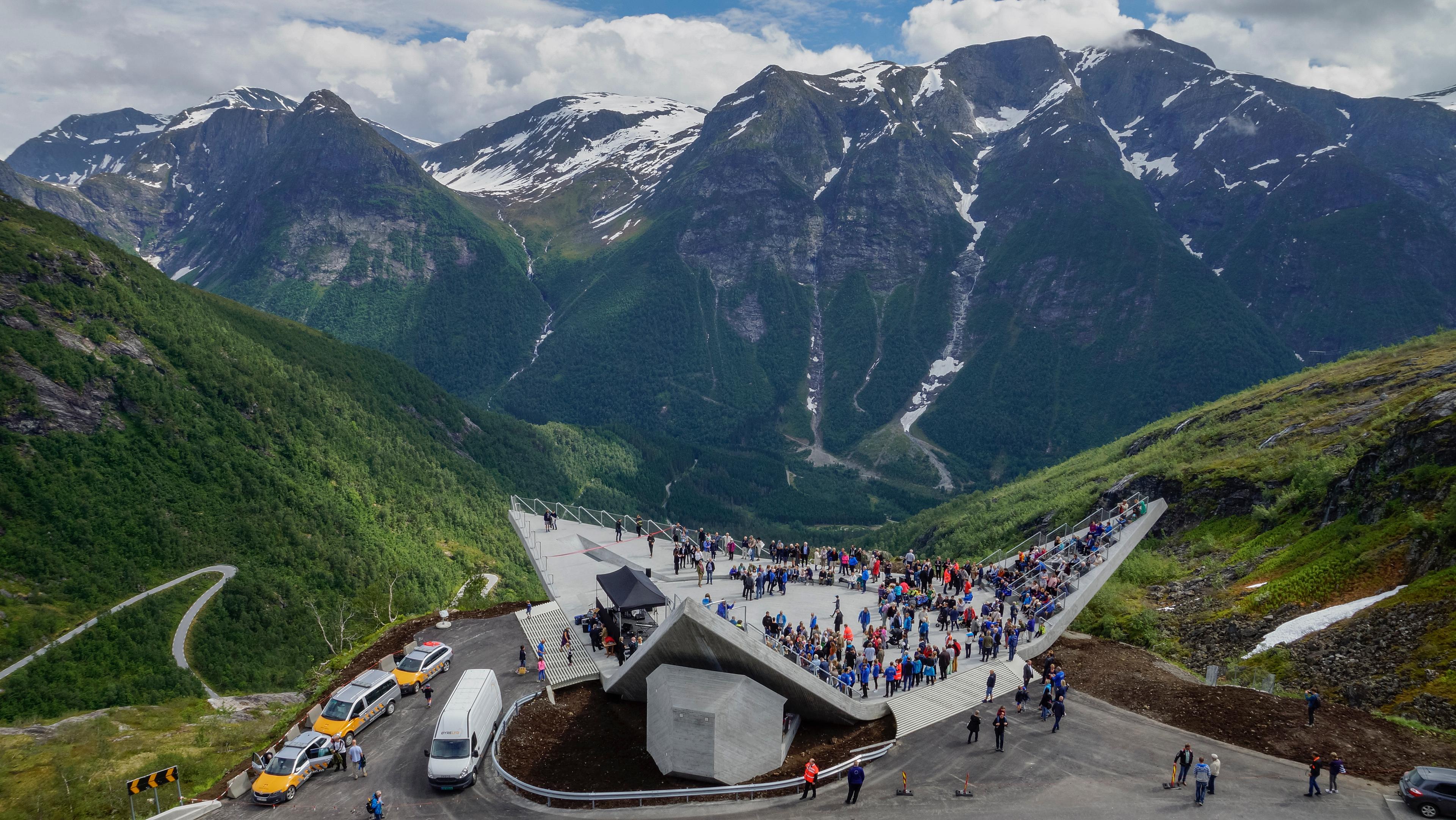 Many people on Utsikten viewpoint on Norwegian Scenic Route Gaularfjellet, Fjord Norway