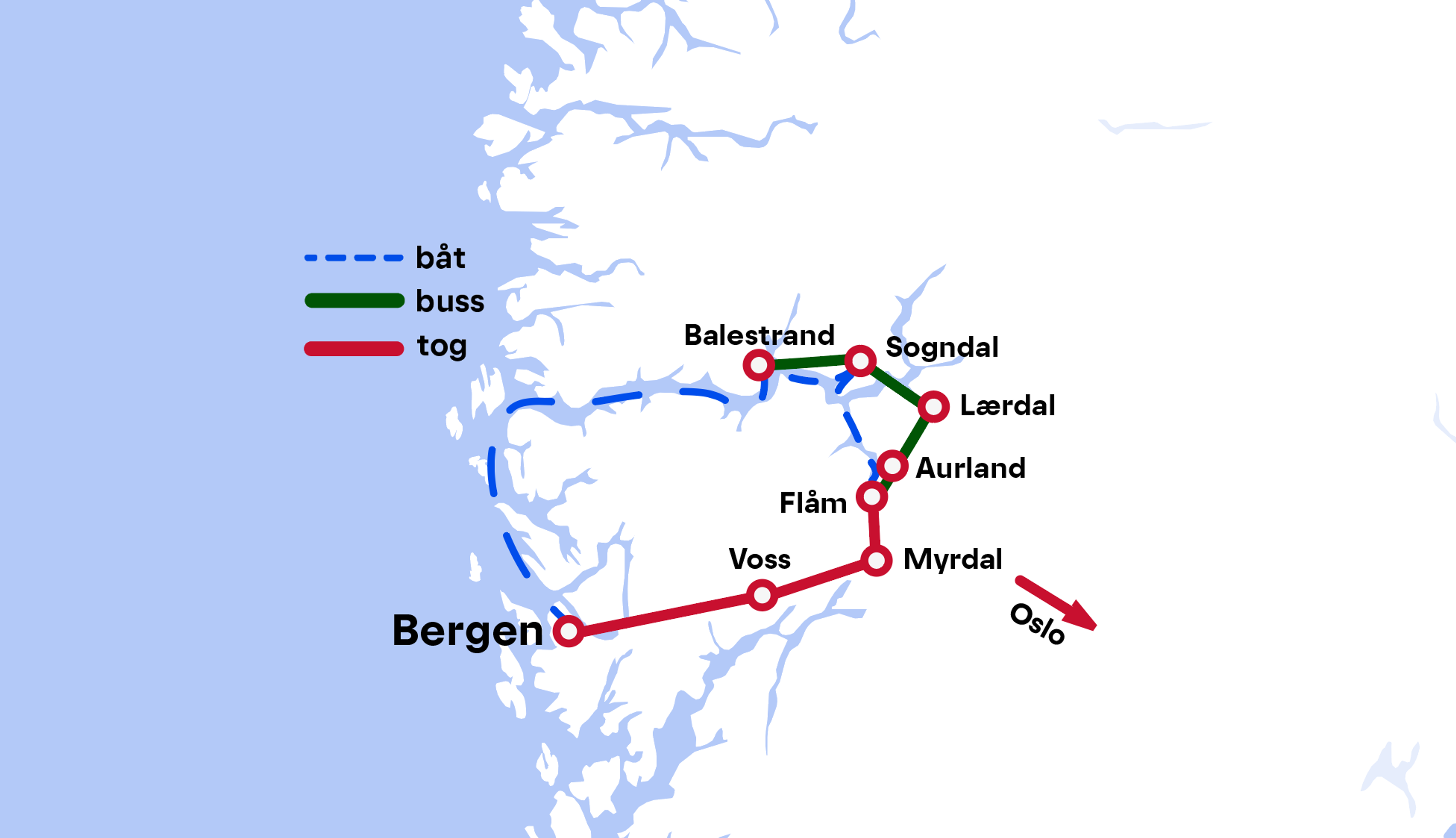 Rutekart: Bergen og Sognefjorden
