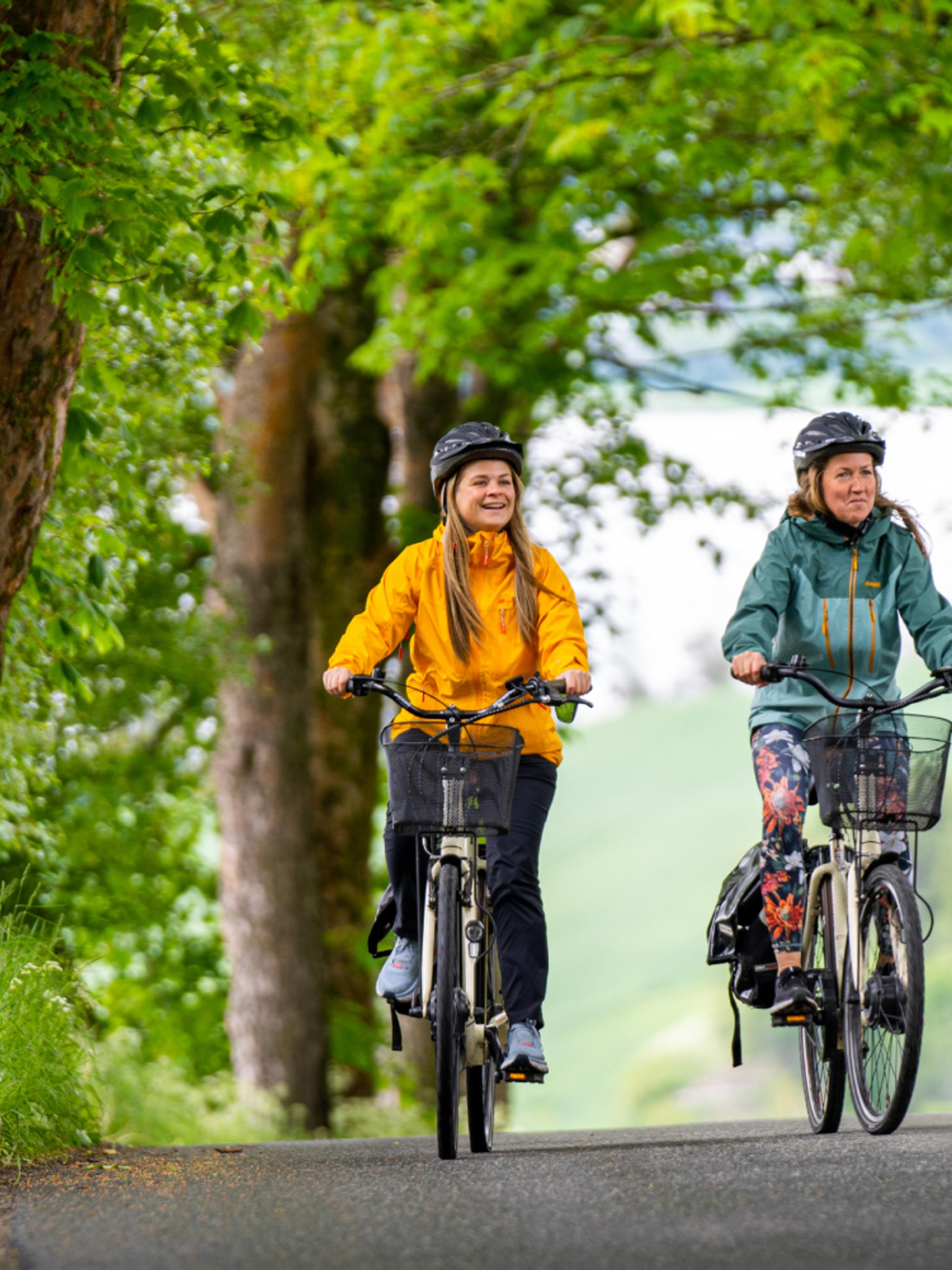 Two woman cycling among flowerfields at The Golden Road, Inderøy