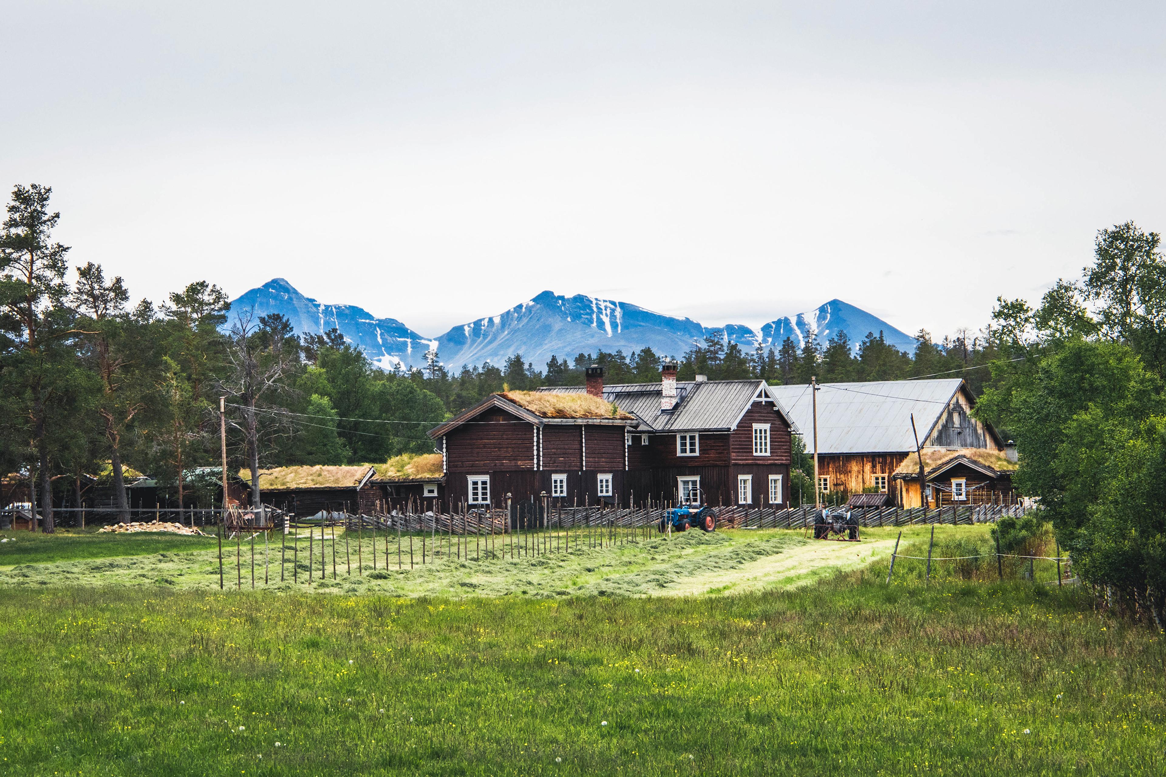 Old wooden farm buildings on a grassy field