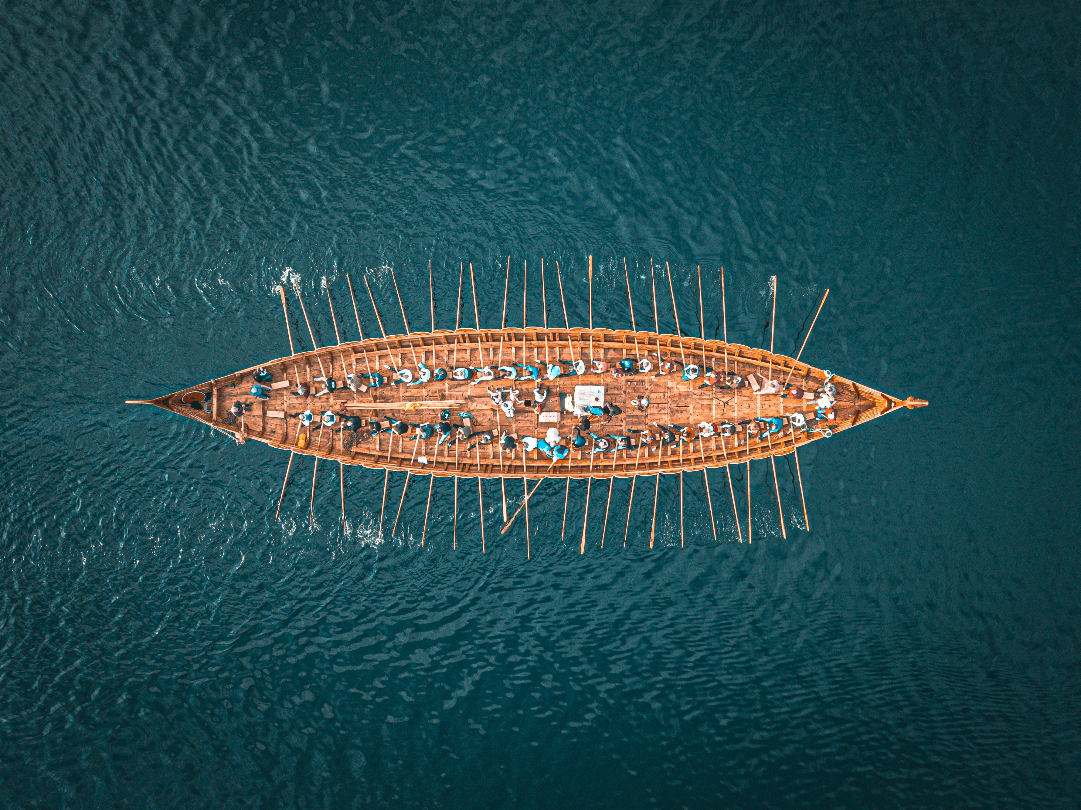 The Myklebust Viking ship in Nordfjord from above.