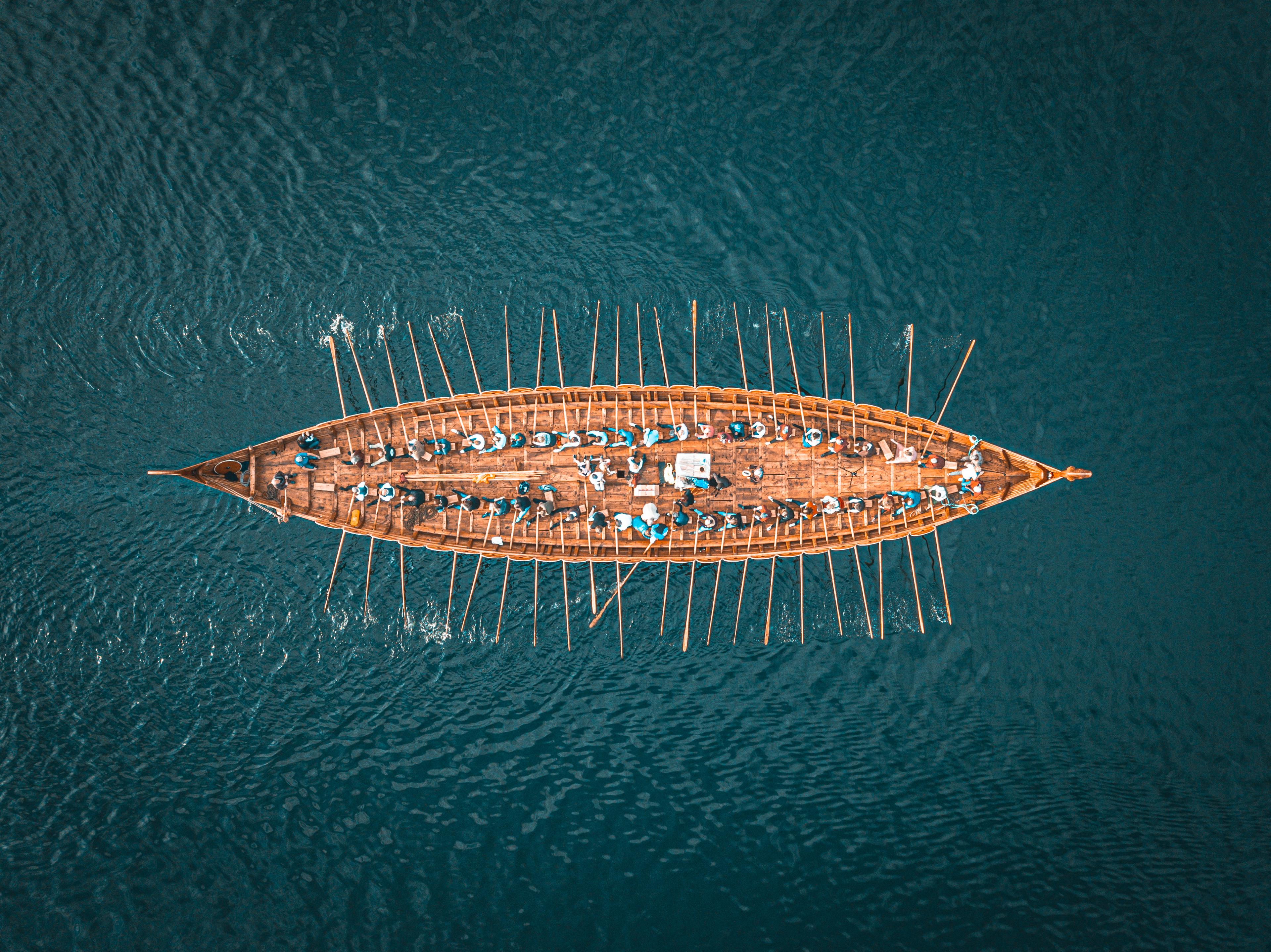 The Myklebust Viking ship in Nordfjord from above.