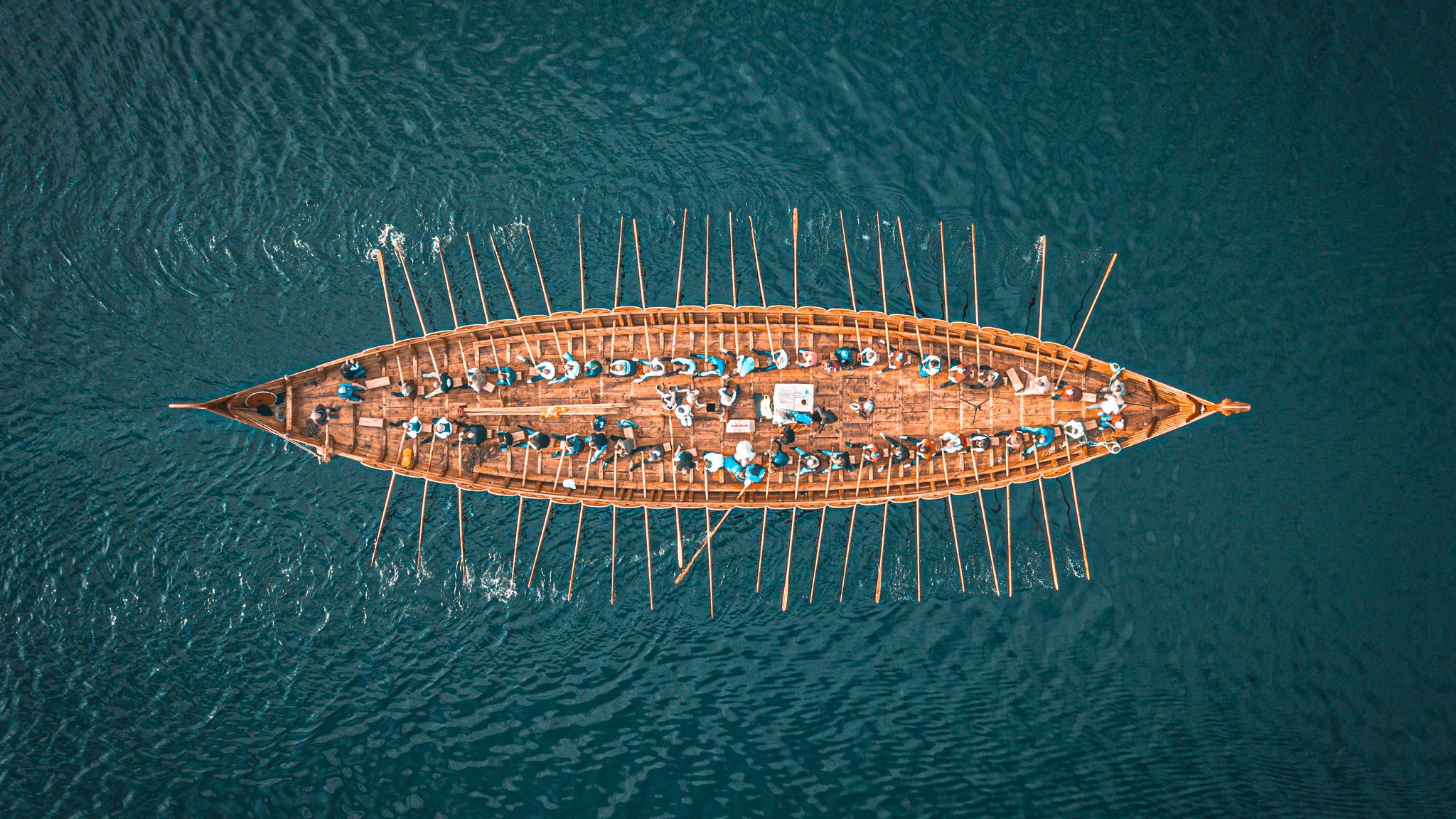 The Myklebust Viking ship in Nordfjord from above.