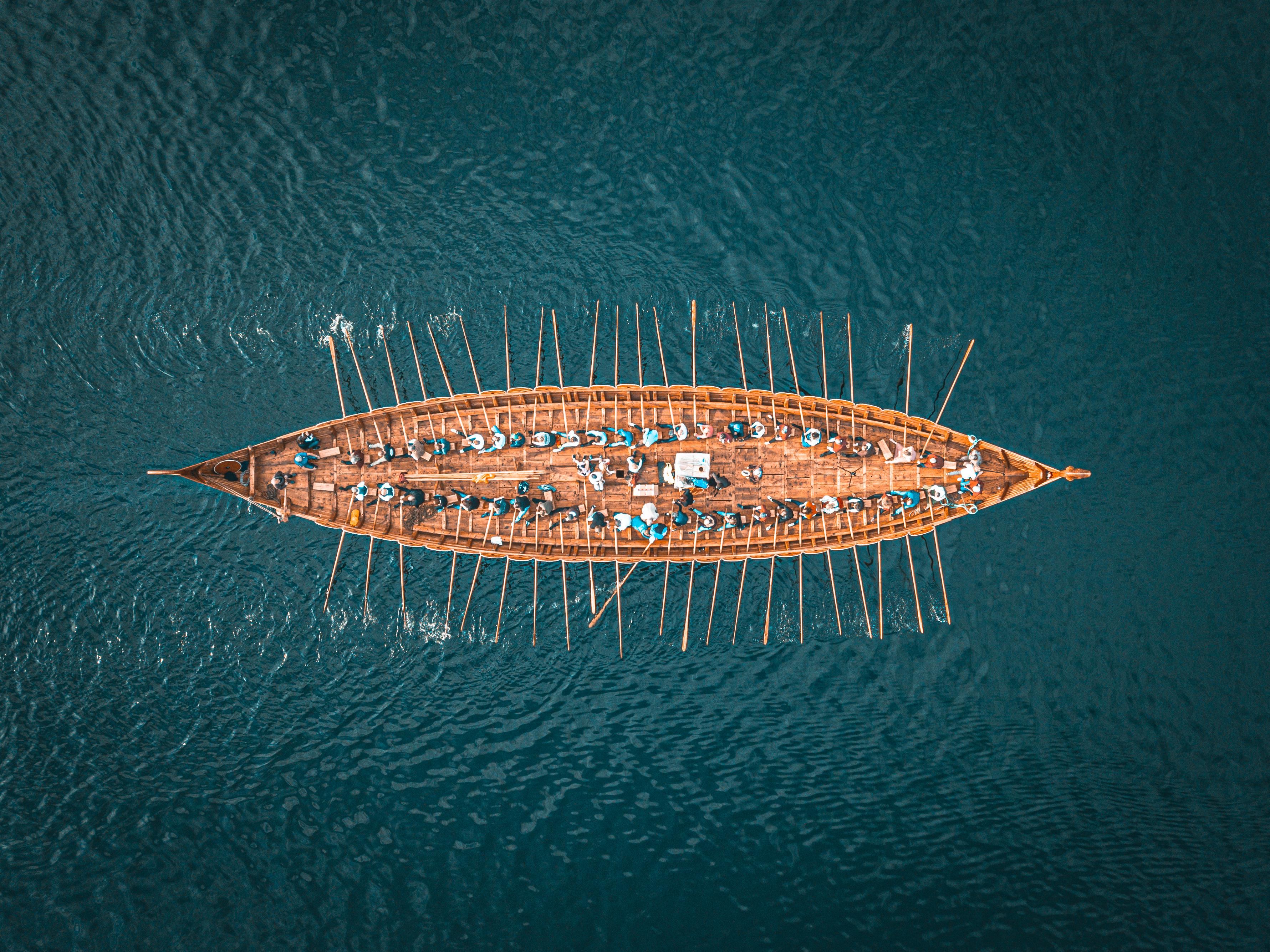 The Myklebust Viking ship in Nordfjord from above.