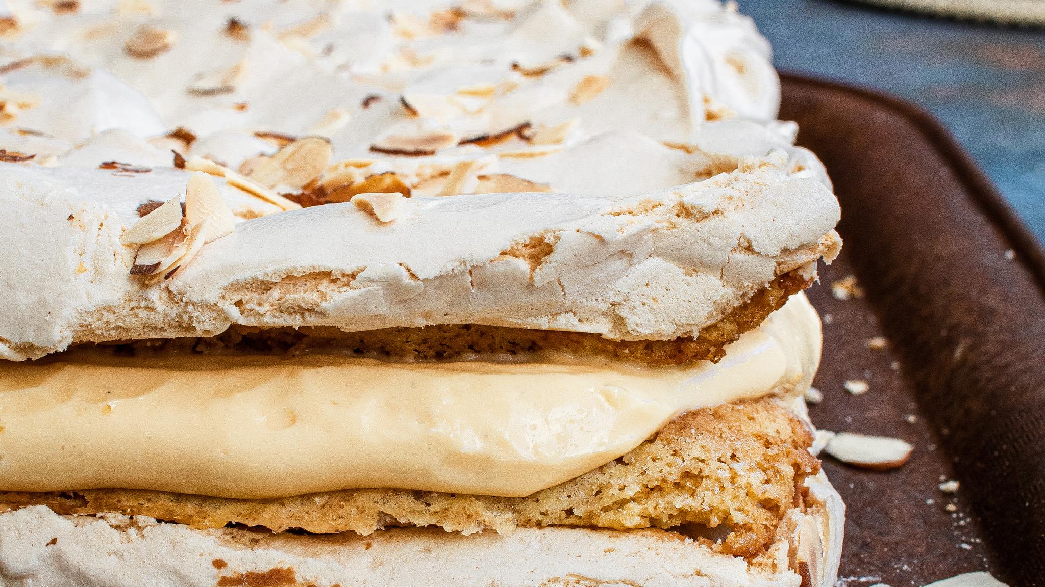 A close up image of a Kvæfjordkake, a popular cake from Northern Norway