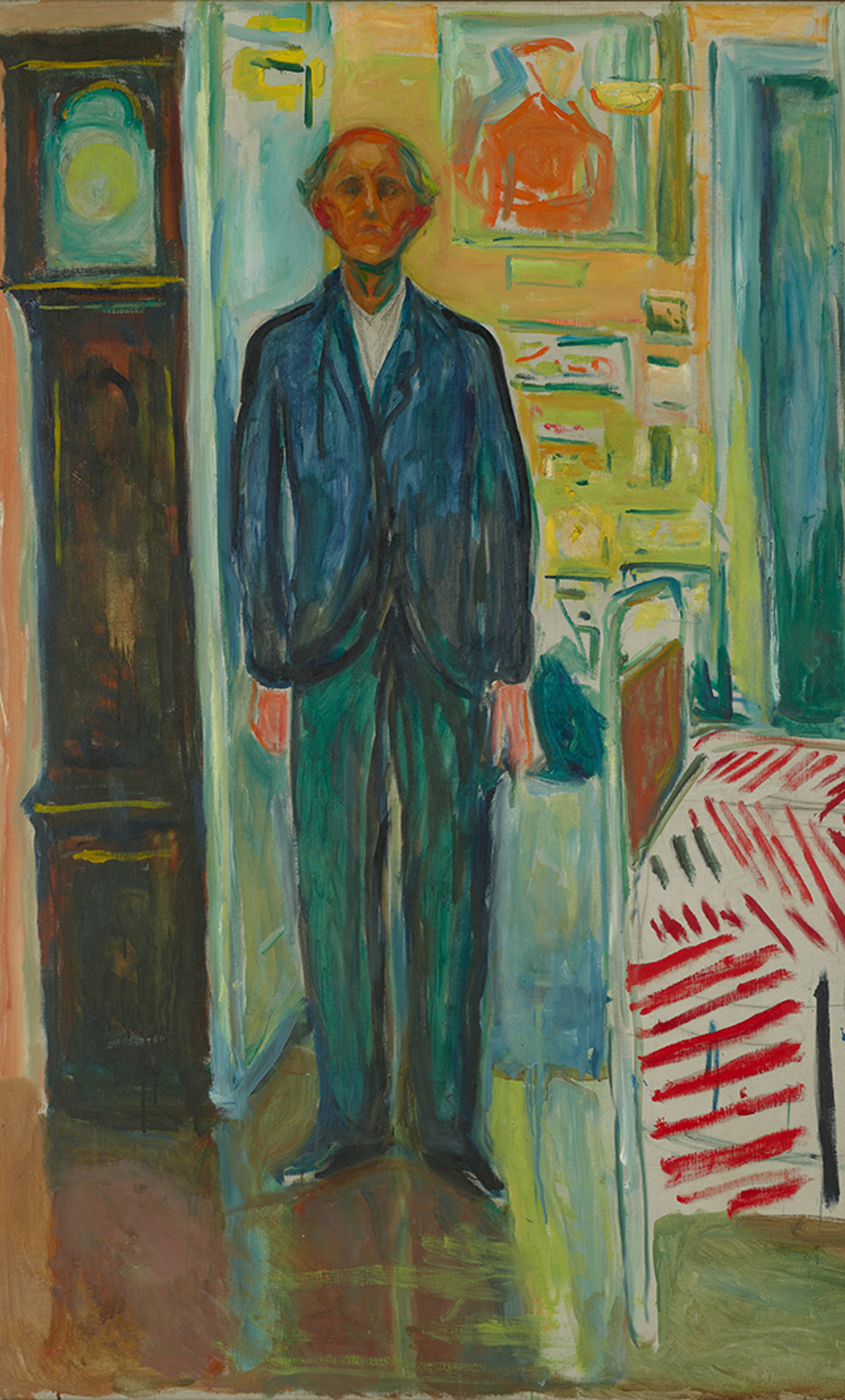 “Self-Portrait. Between the Clock and the Bed”, Edvard Munch (1940–43)