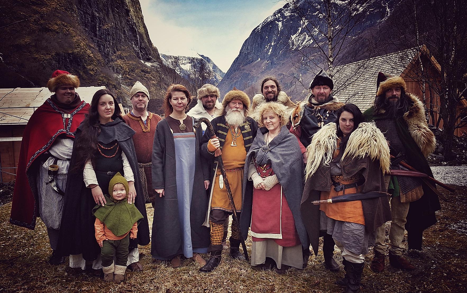 Group picture of the Vikings in Njardarheimr, Viking Valley in Gudvangen, Fjord Norway