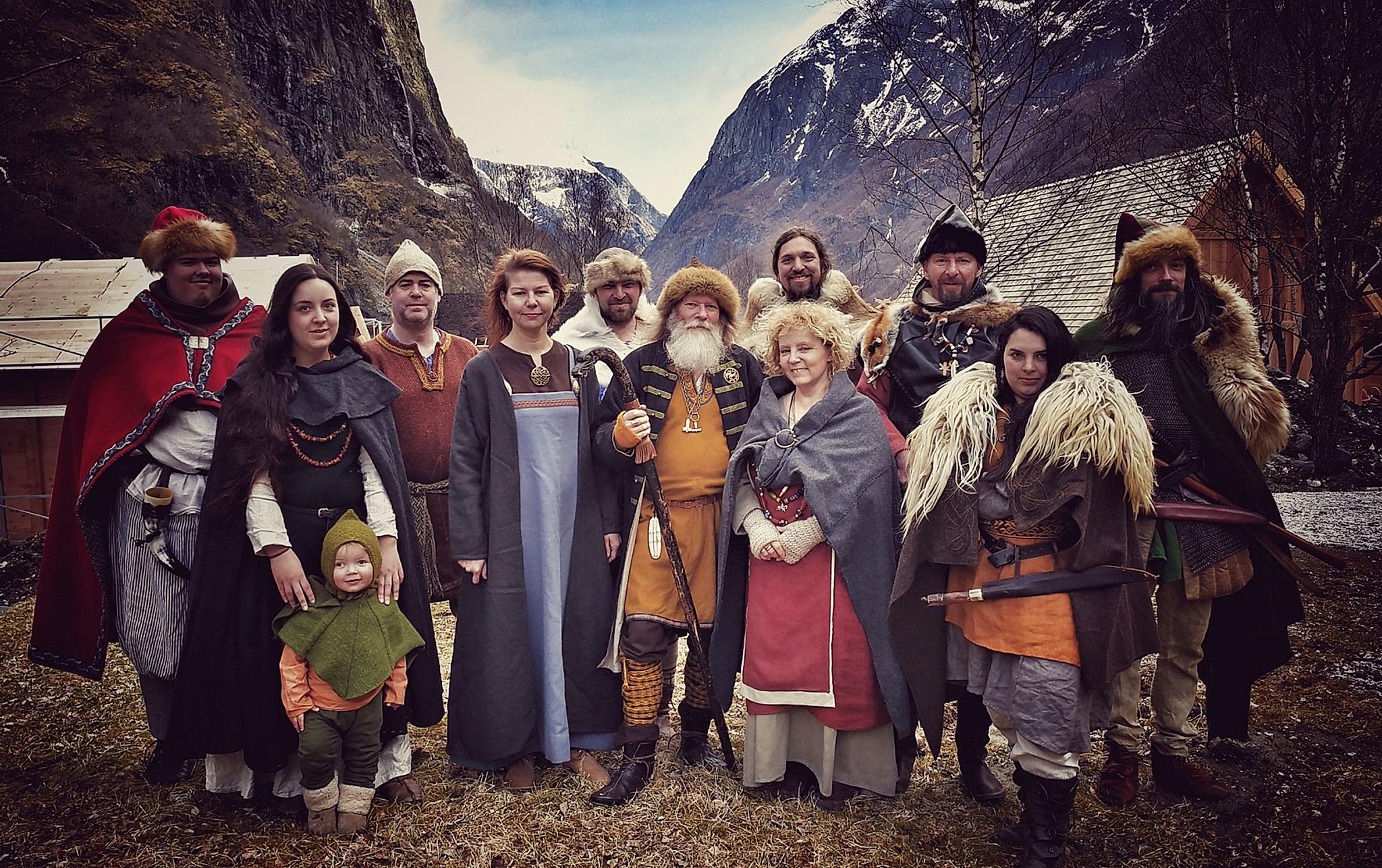 Group picture of the Vikings in Njardarheimr, Viking Valley in Gudvangen, Fjord Norway