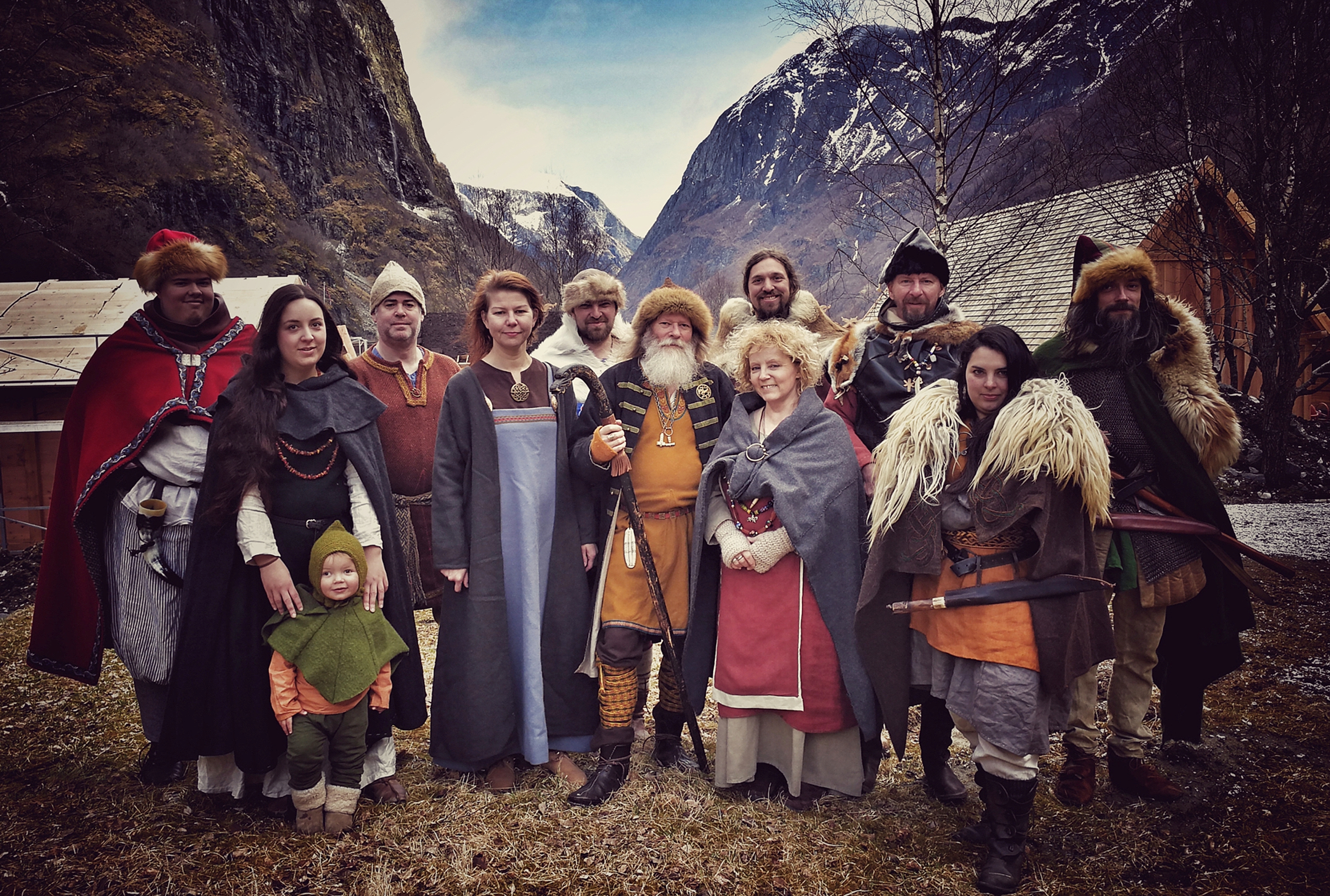 Group picture of the Vikings in Njardarheimr, Viking Valley in Gudvangen, Fjord Norway
