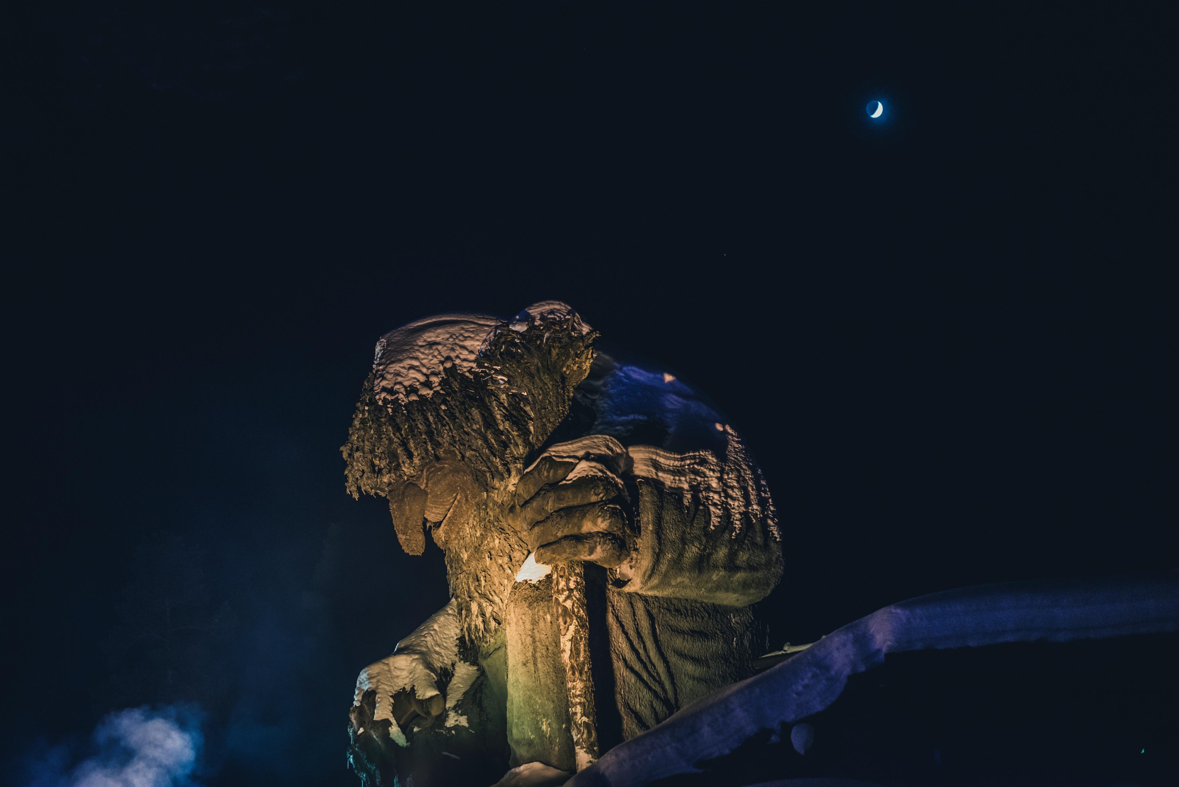A troll at Hunderfossen fairytale park seen in the evening