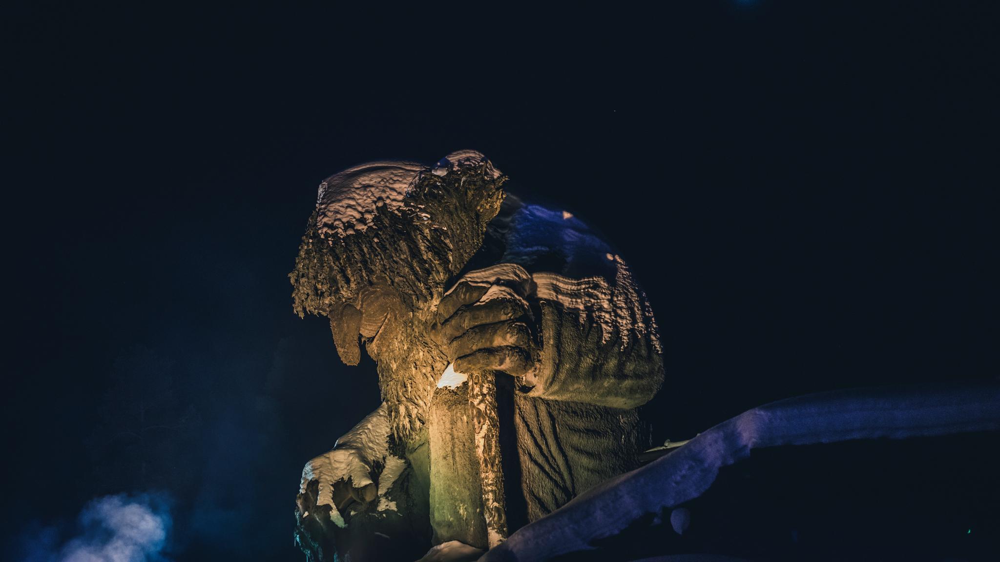 A troll at Hunderfossen fairytale park seen in the evening