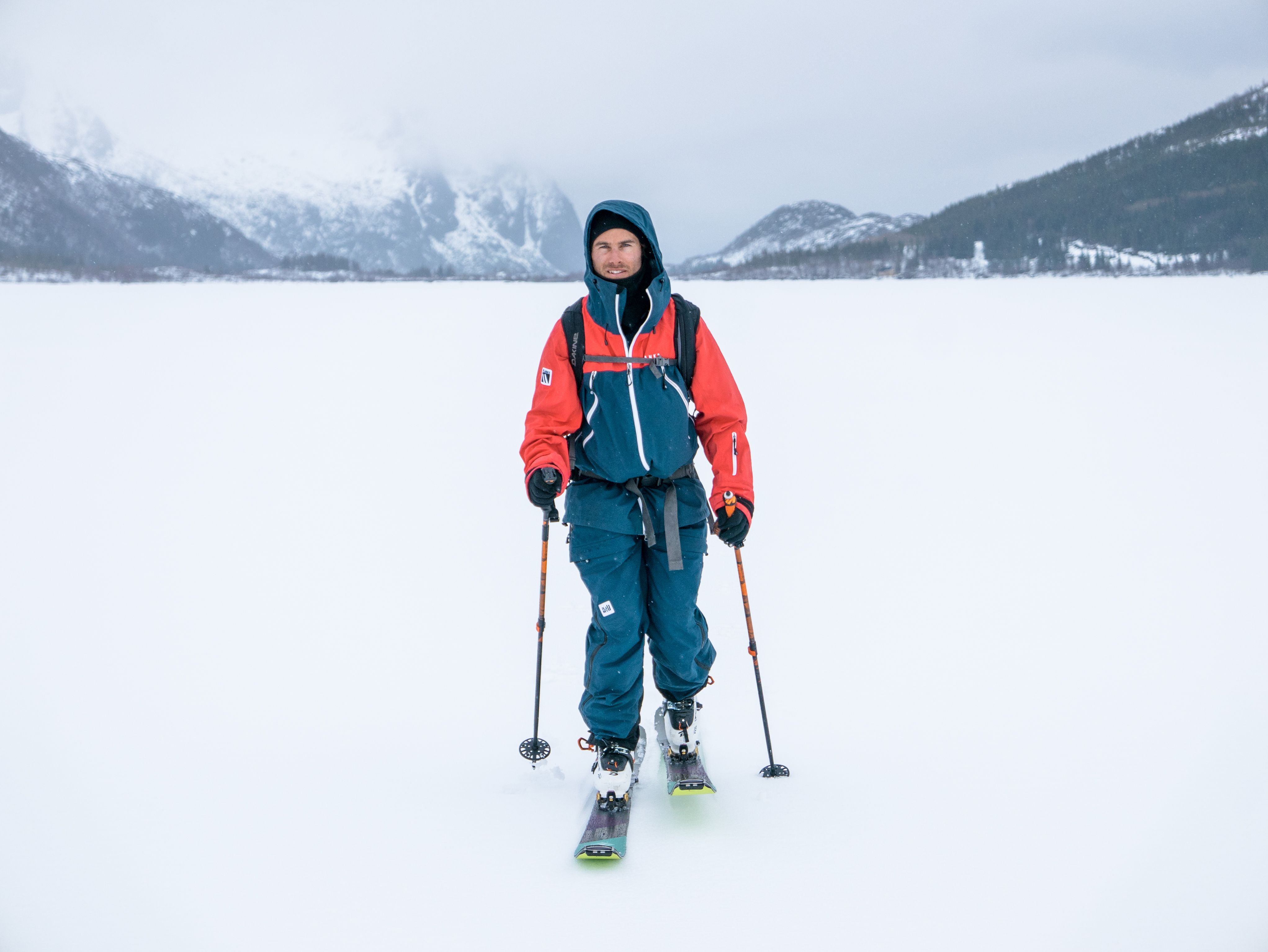 A man ski touring in flat terrain in Lofoten, Northern Norway