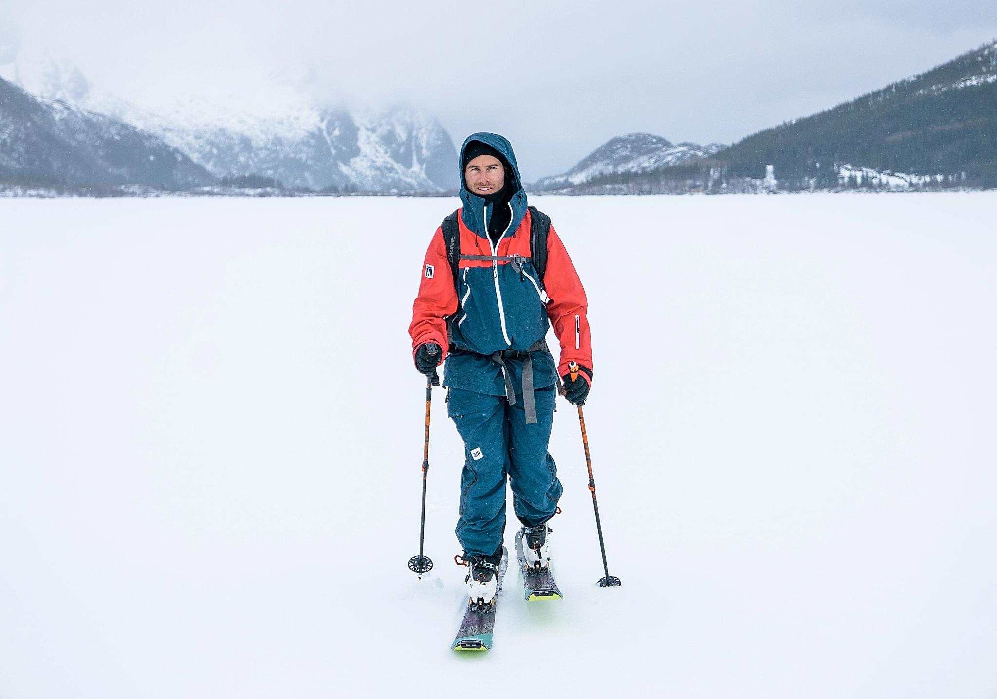 A man ski touring in flat terrain in Lofoten, Northern Norway