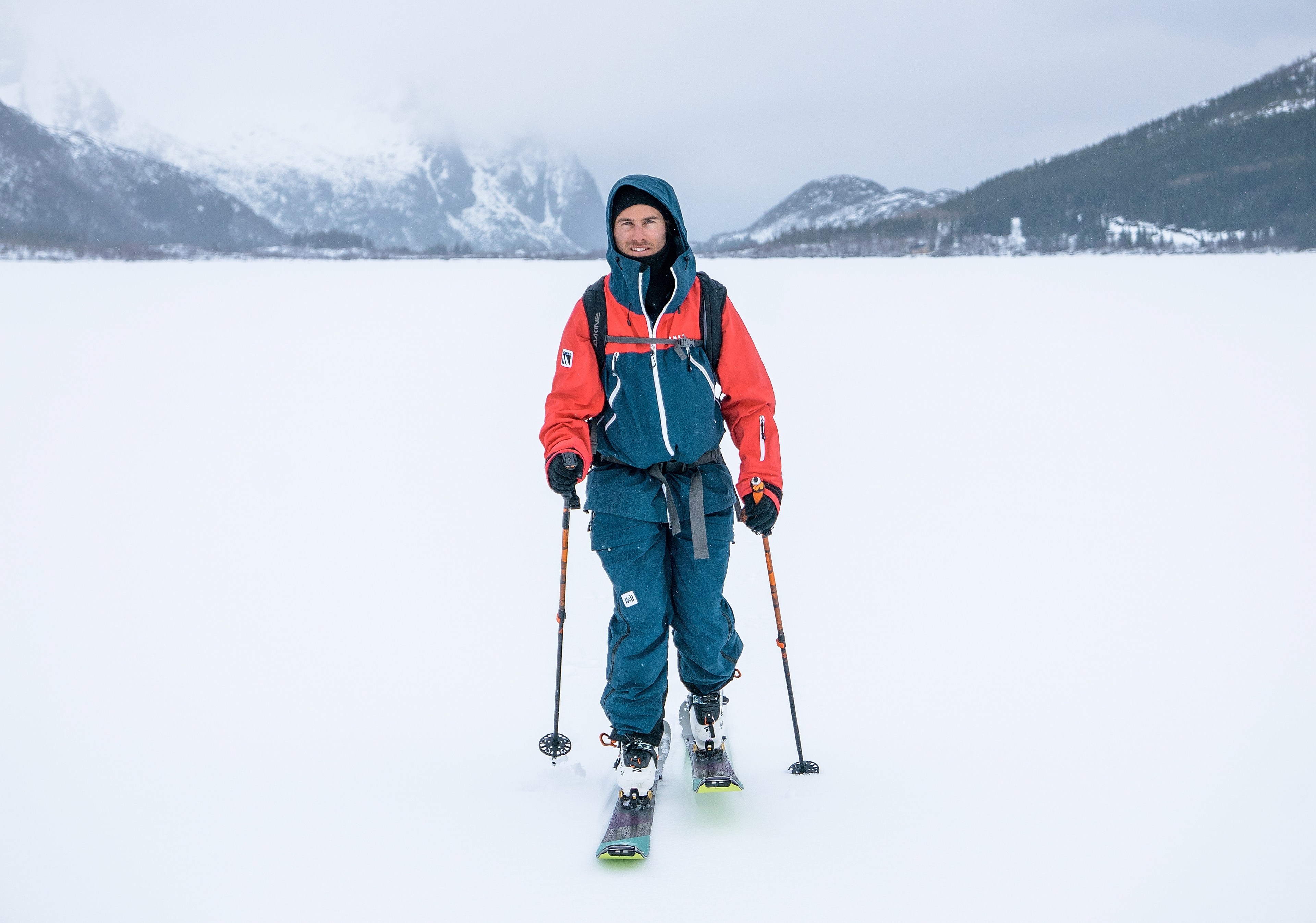 A man ski touring in flat terrain in Lofoten, Northern Norway