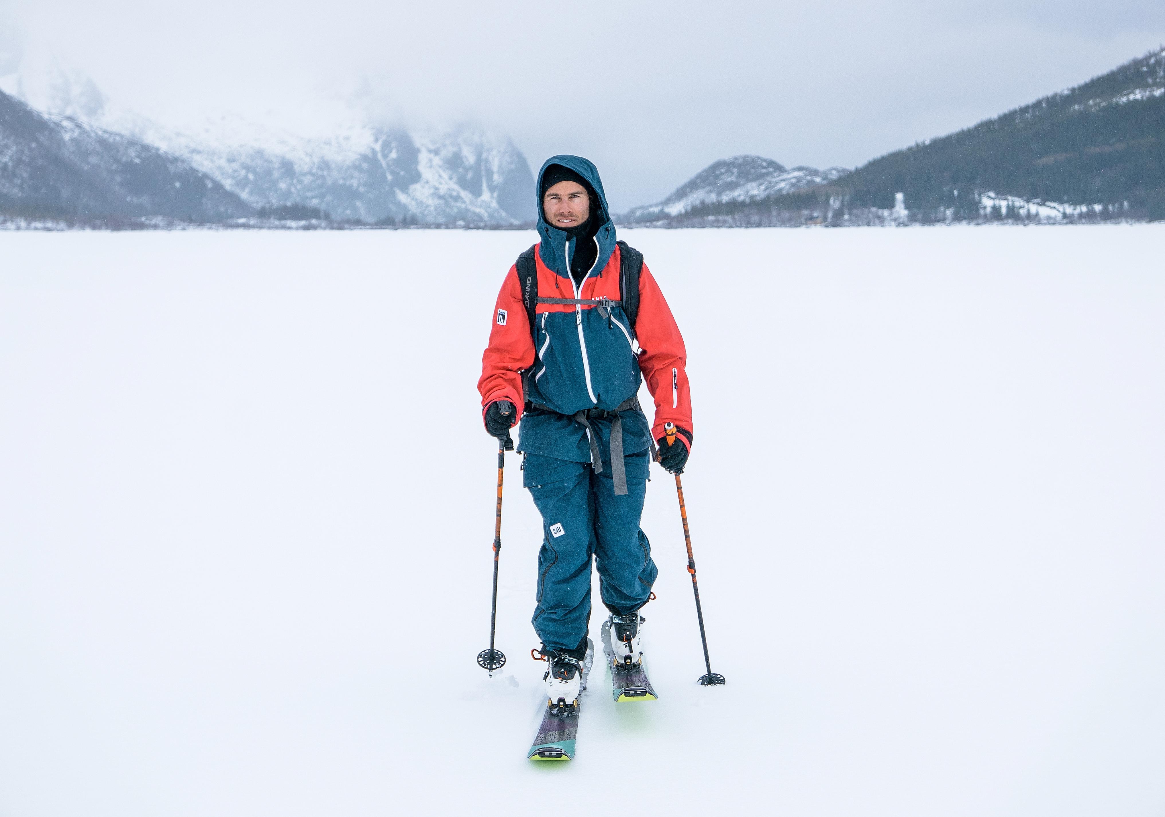 A man ski touring in flat terrain in Lofoten, Northern Norway