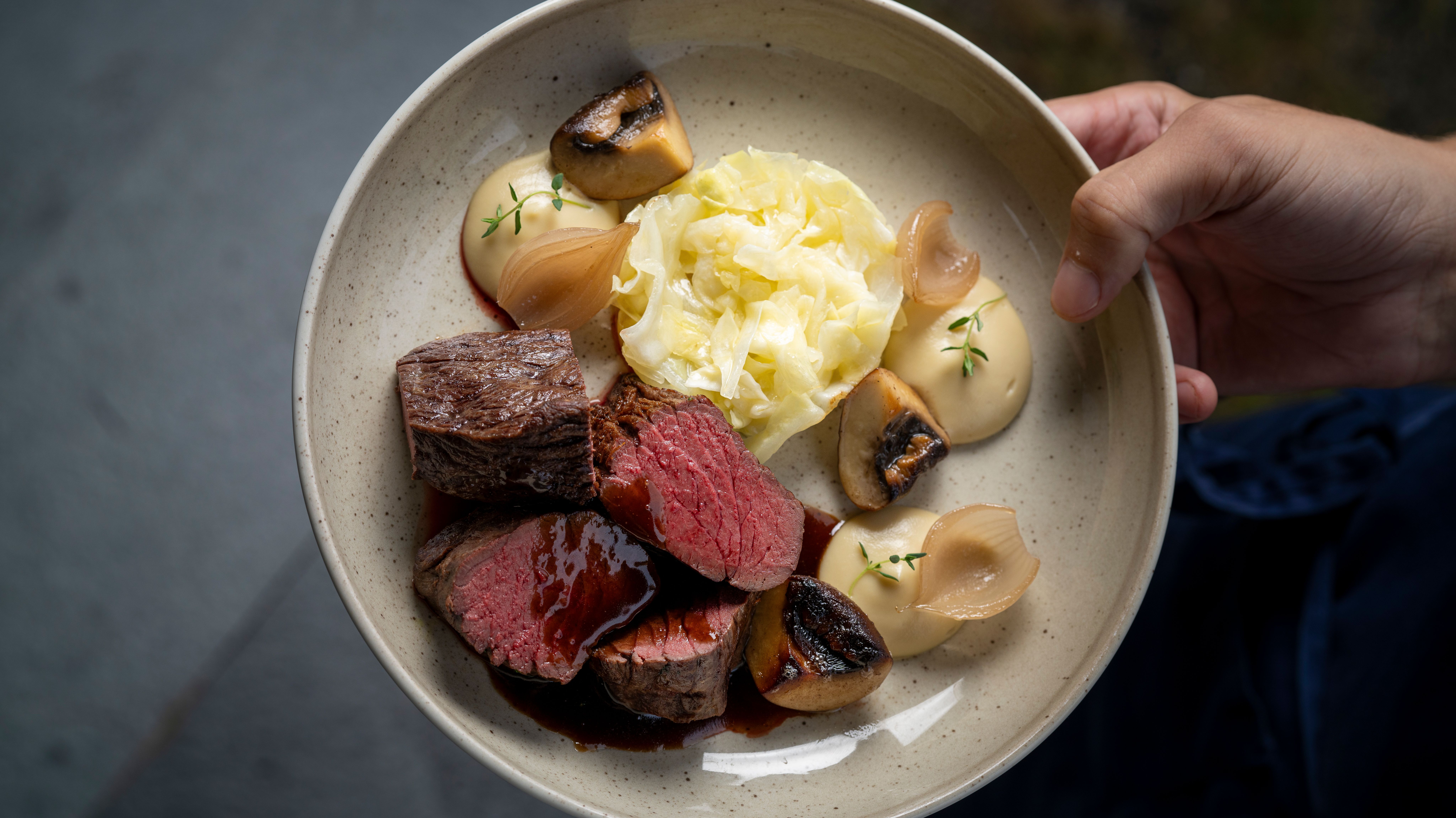 A reindeer meat dish with sides at Sorrisniva in Alta