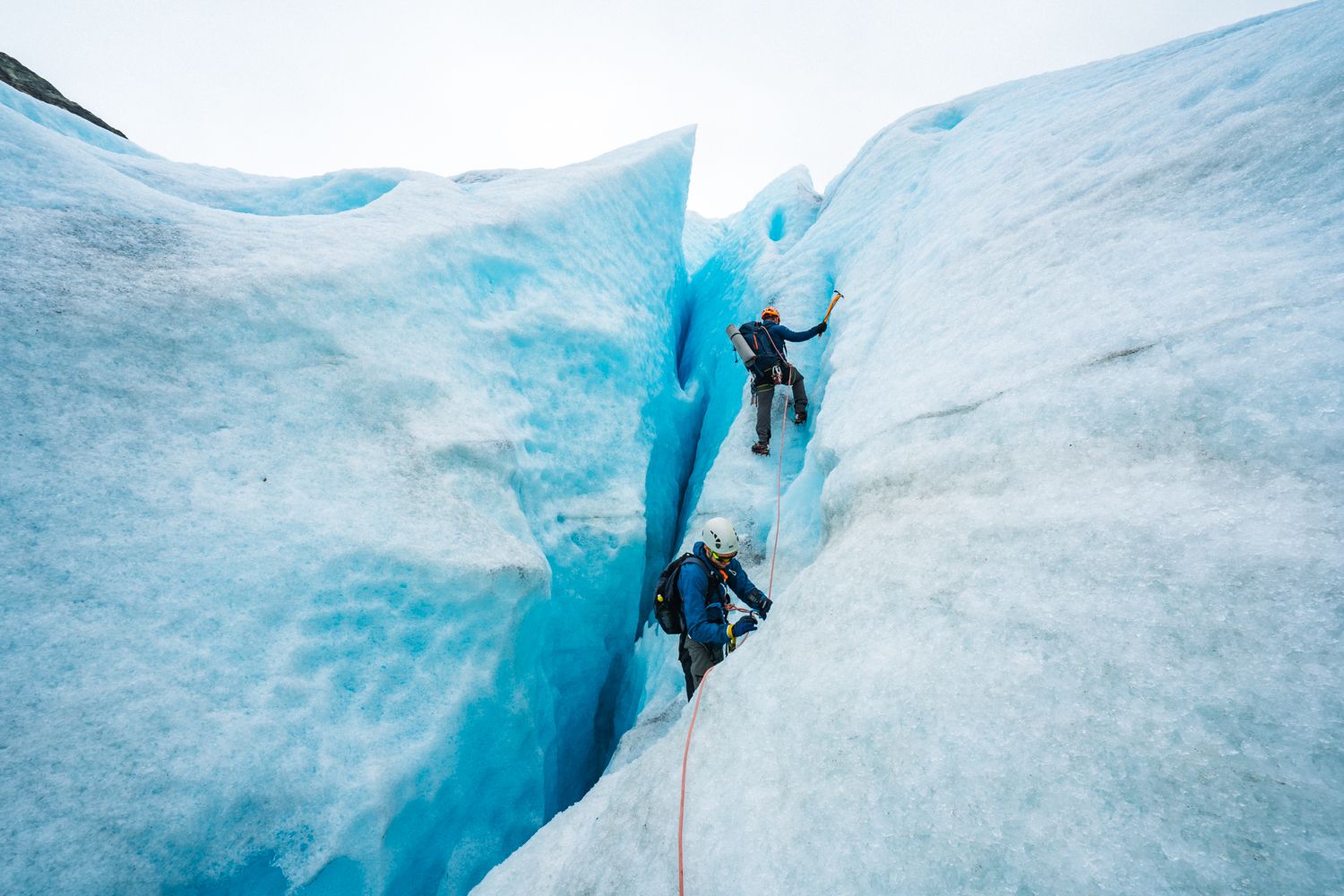 Two men hiking at the Folgefonna glacier