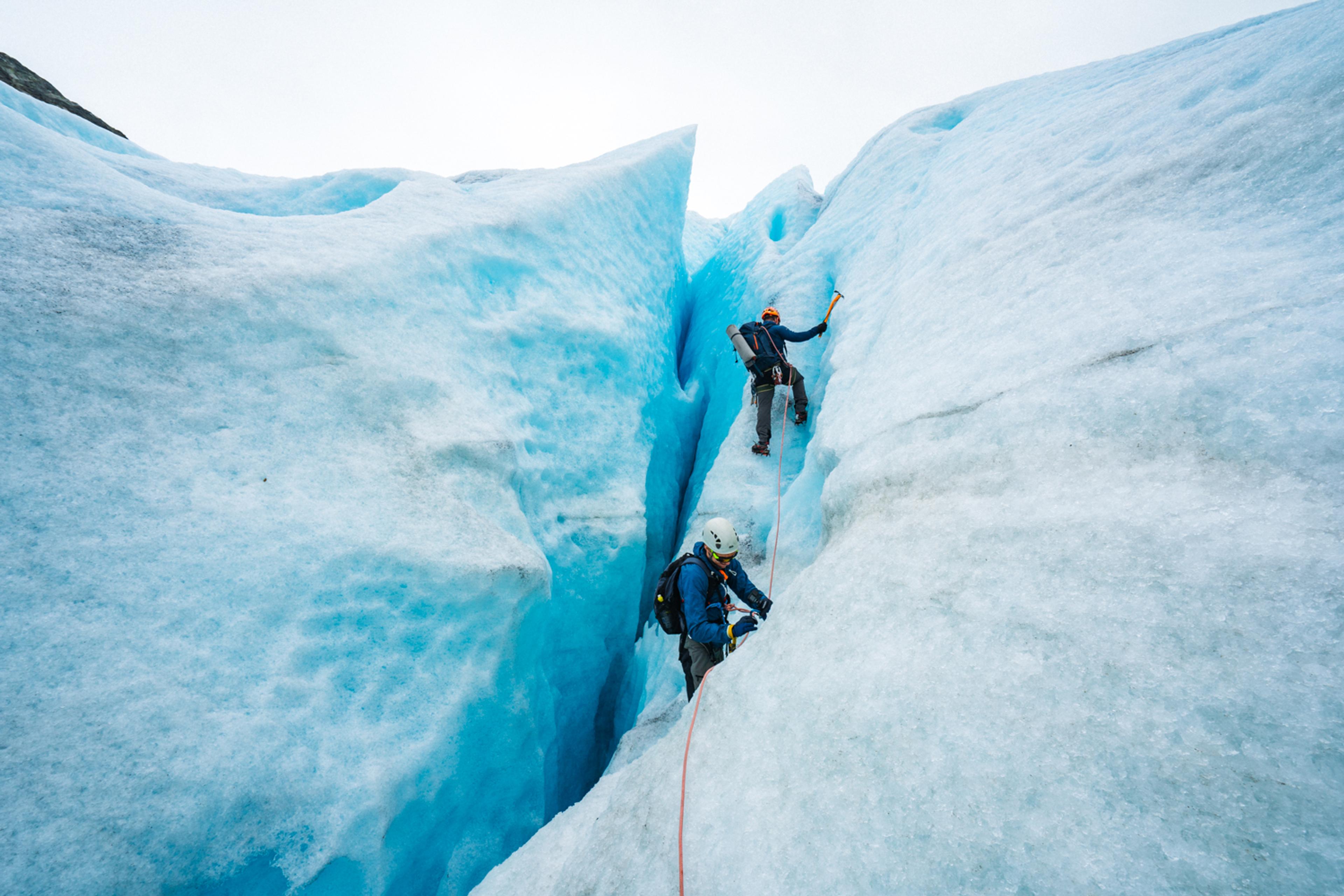 Two men hiking at the Folgefonna glacier