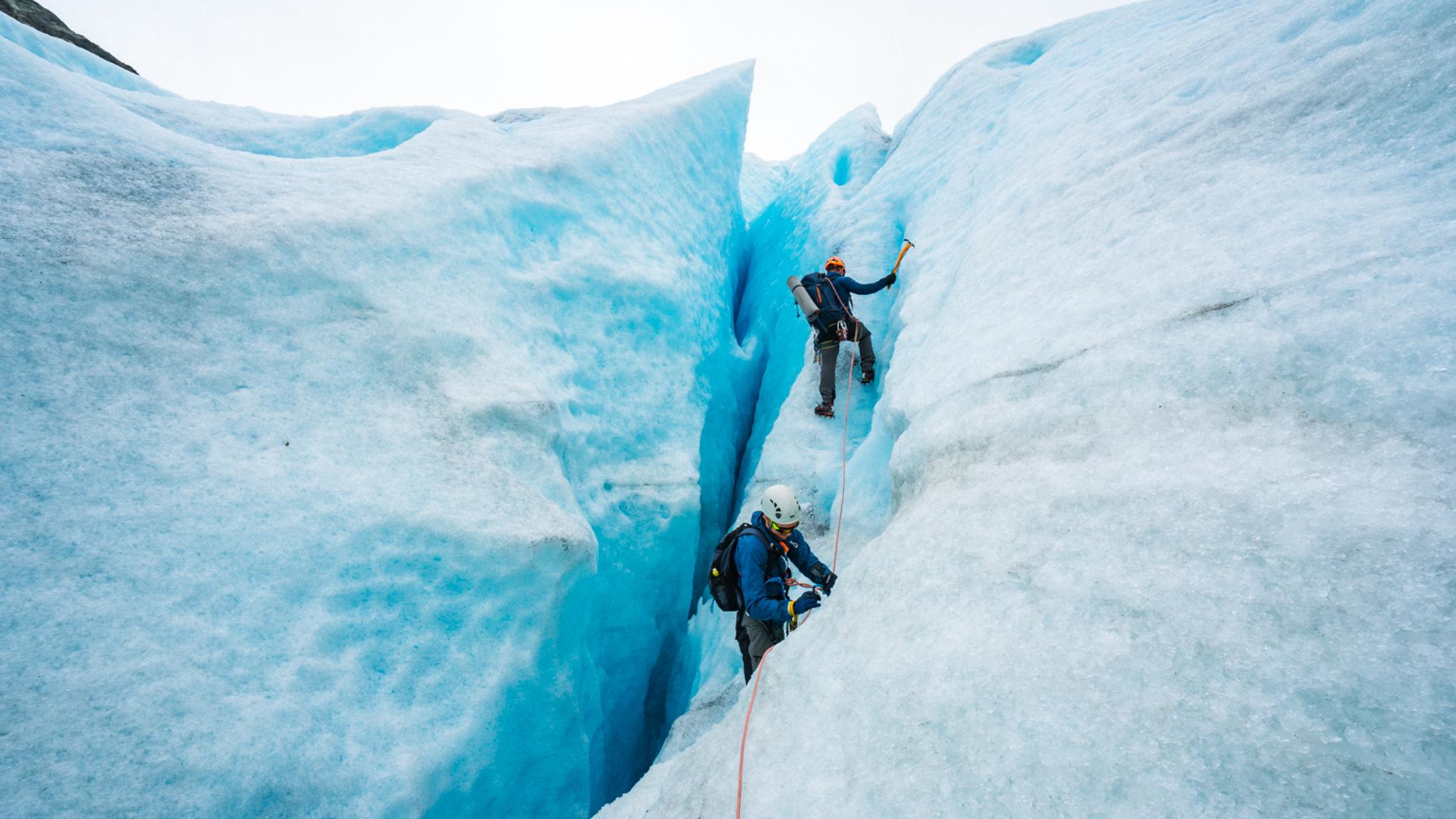 Two men hiking at the Folgefonna glacier