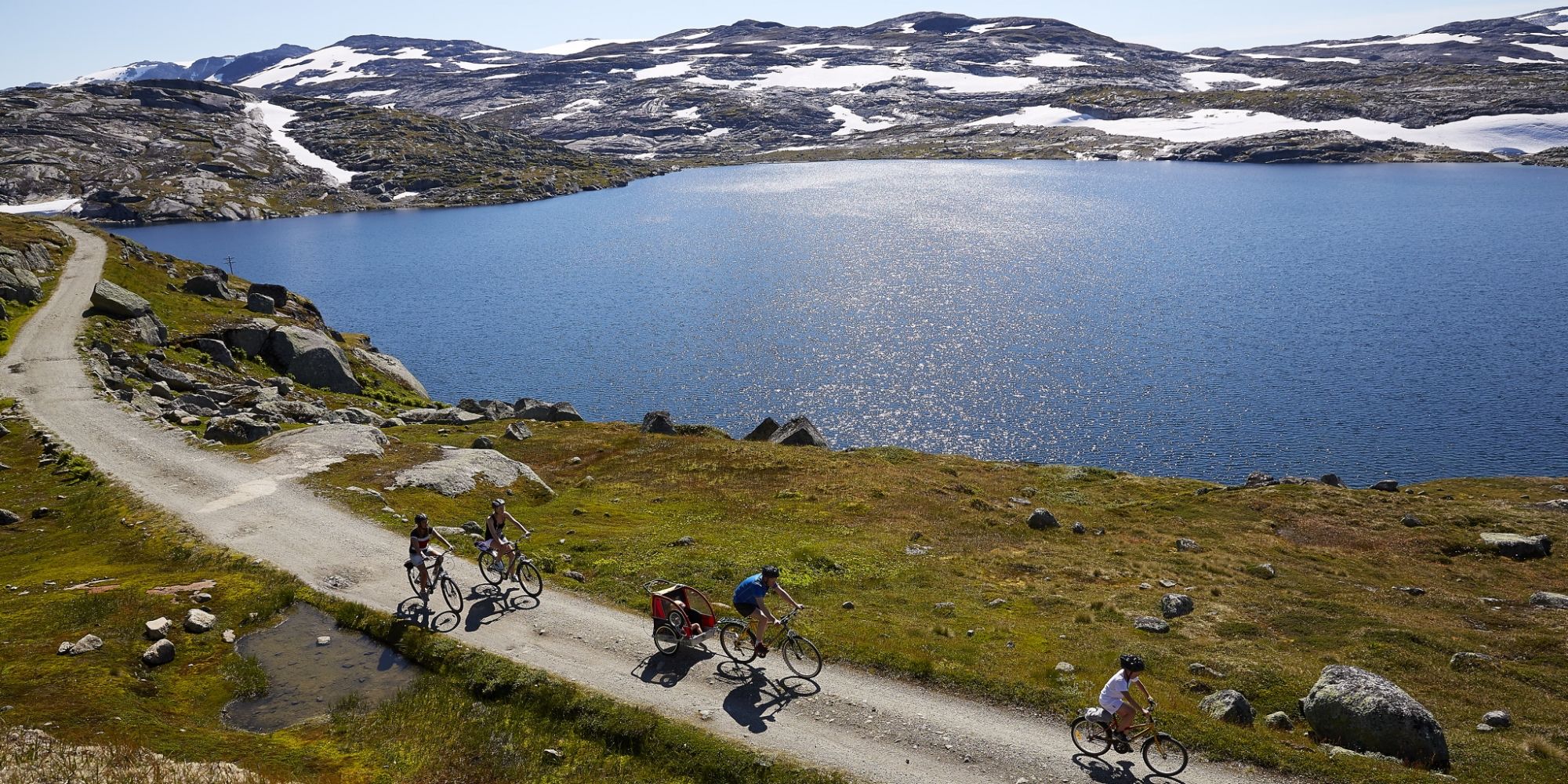 Een groep aan het fietsen over de Rallarvegen langs een meer in Oost-Noorwegen