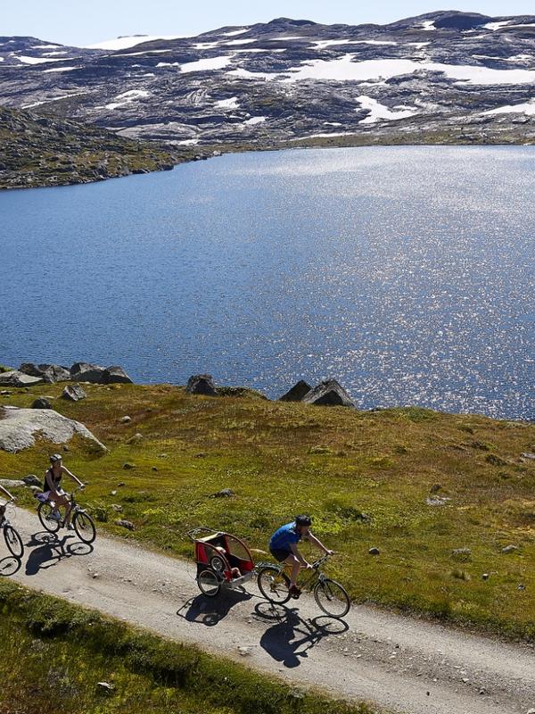 En gruppe cyklister ved en sø langs Rallervegen i det østlige Norge