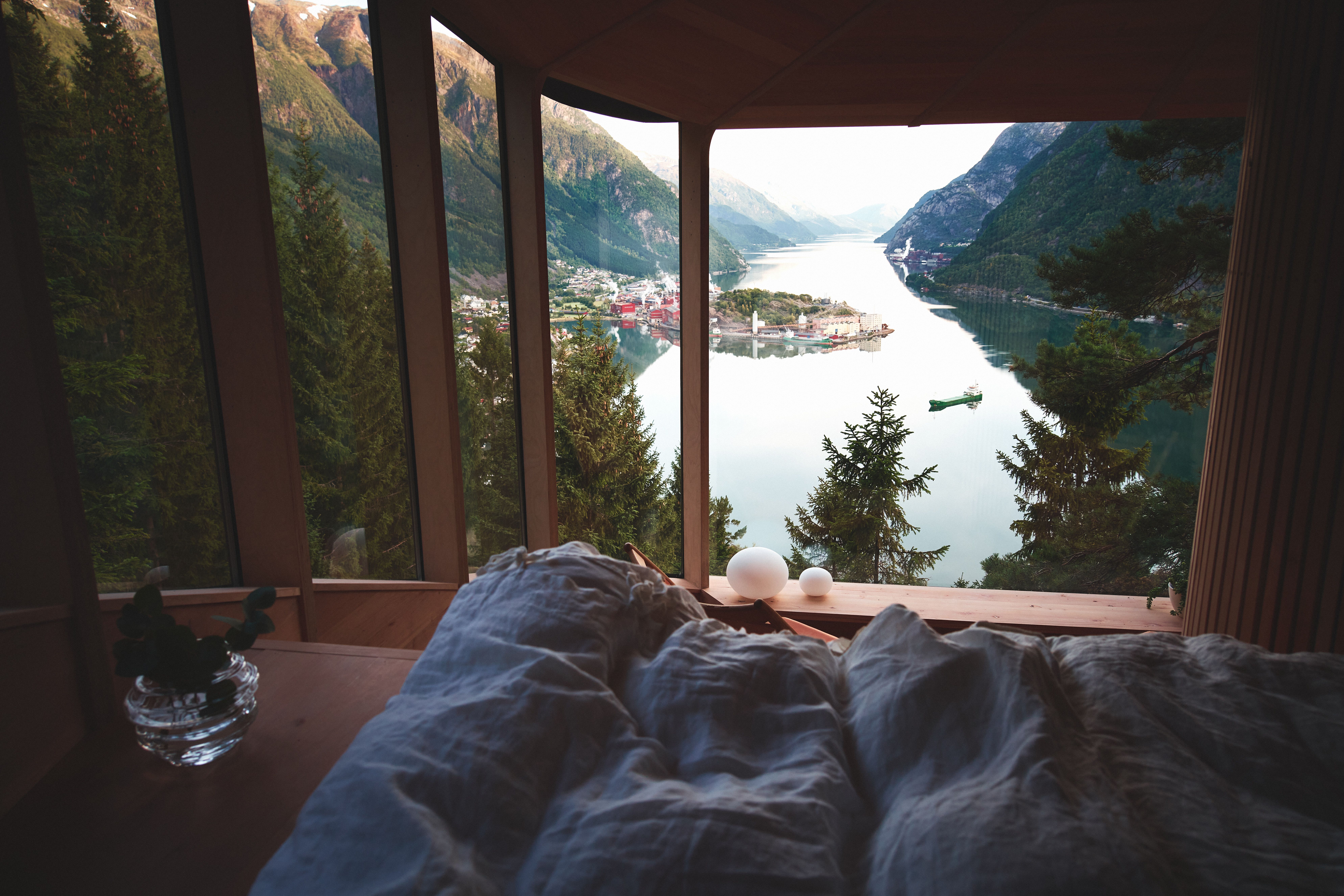 Waking up in the Woodnest, Odda Treehouse, overlooking the Hardangerfjord